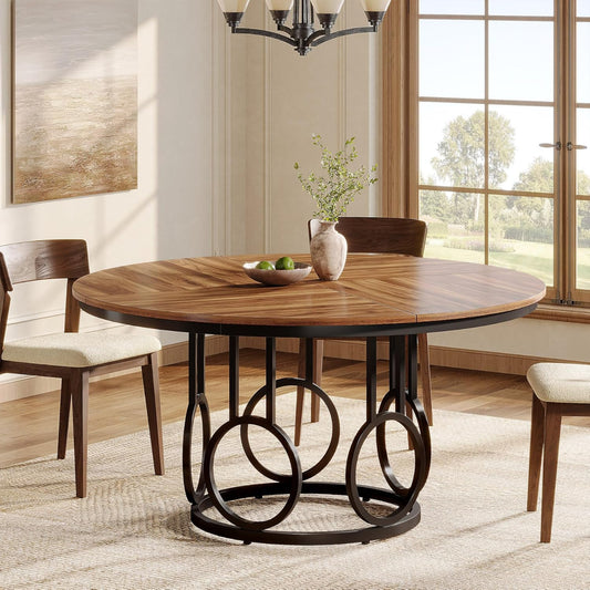 Tribesigns Round Dining Table 47 Inch Wooden Kitchen Table with Sturdy Metal Base for 4-6 People Large Round Dining Table for Dining Room Kitchen Living Room (Brown & Black, Desk Only)