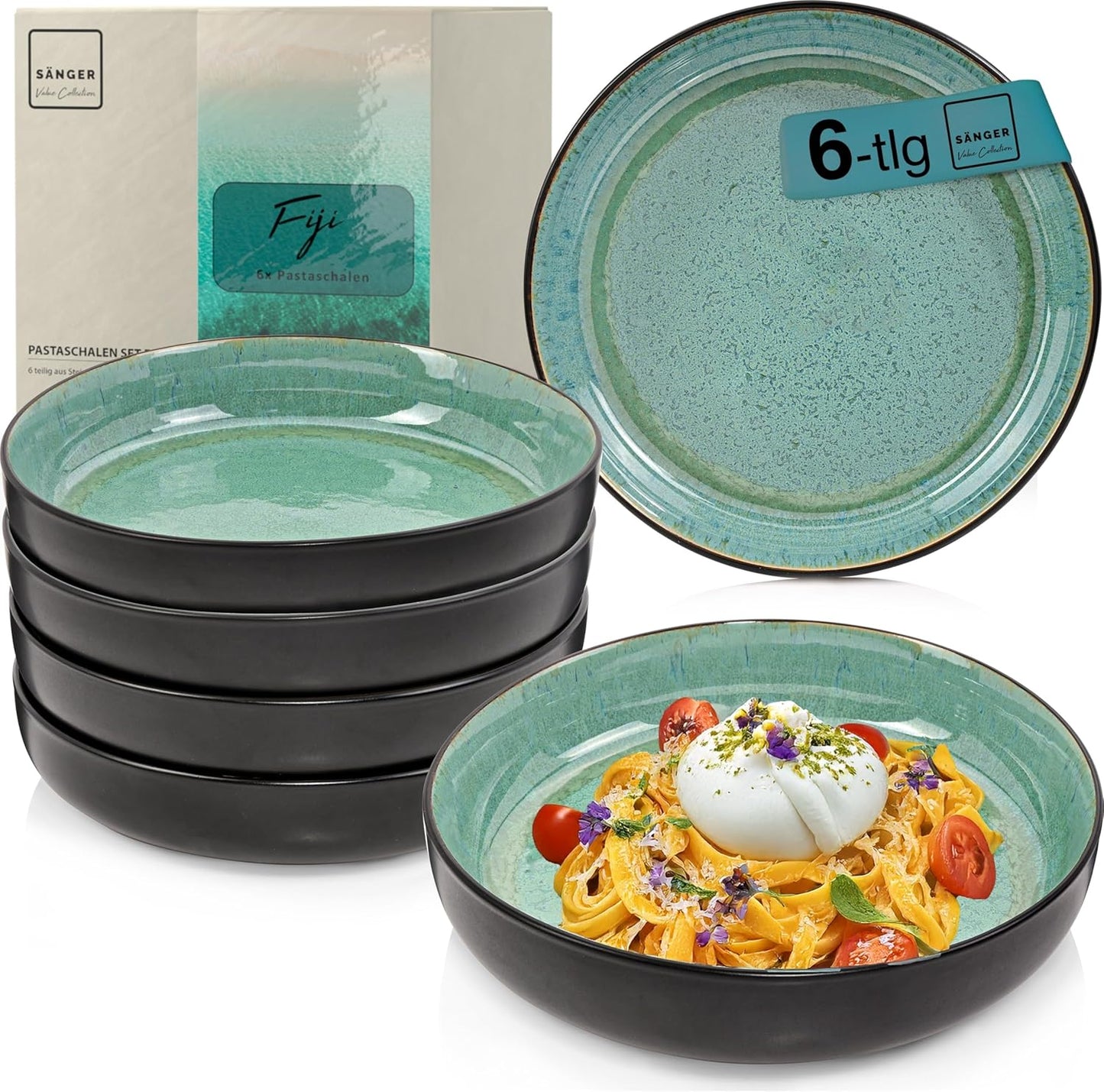 SÄNGER Manila Dinner Service for 6 People, Plate Set, Coffee Mug, Pasta Bowl, 30 Pieces, Stoneware Crockery Set, Dishwasher, Microwave, Scratch-Resistant, Blue with Black Rim, Value Collection