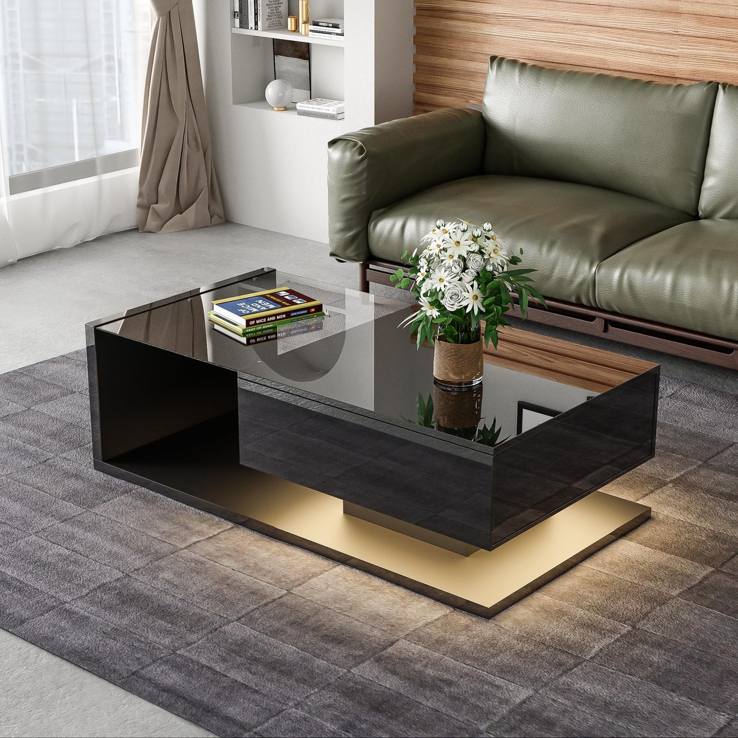 Soweiz Coffee Table, High Gloss, Side Tables, Coffee Tables with Glass and LED Effect, Sturdy Construction (105 x 55 x 32.5 cm) (Black)