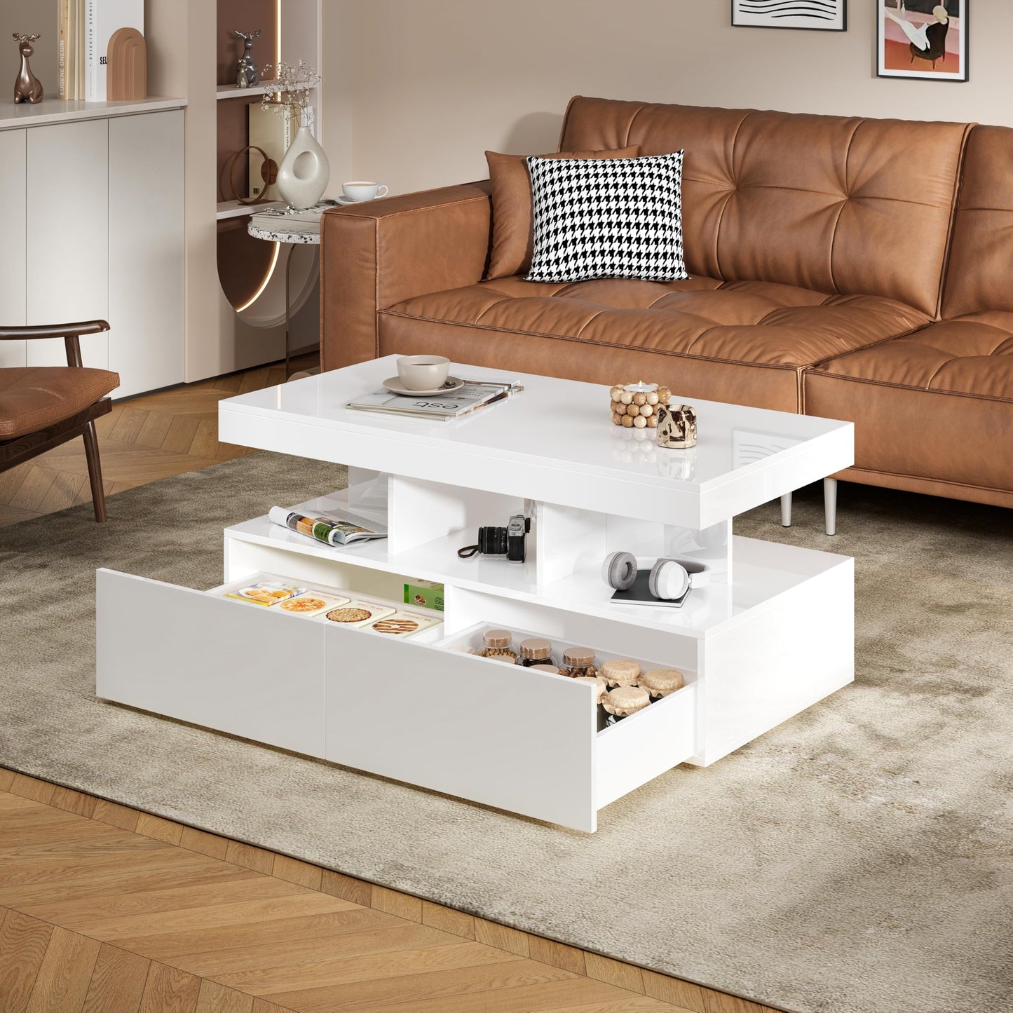 Coffee Table with LED Lighting, High Gloss Living Room Table with 2 Silent Drawers and Open Compartment, Elegant Side Table for Living Room and Office (White)
