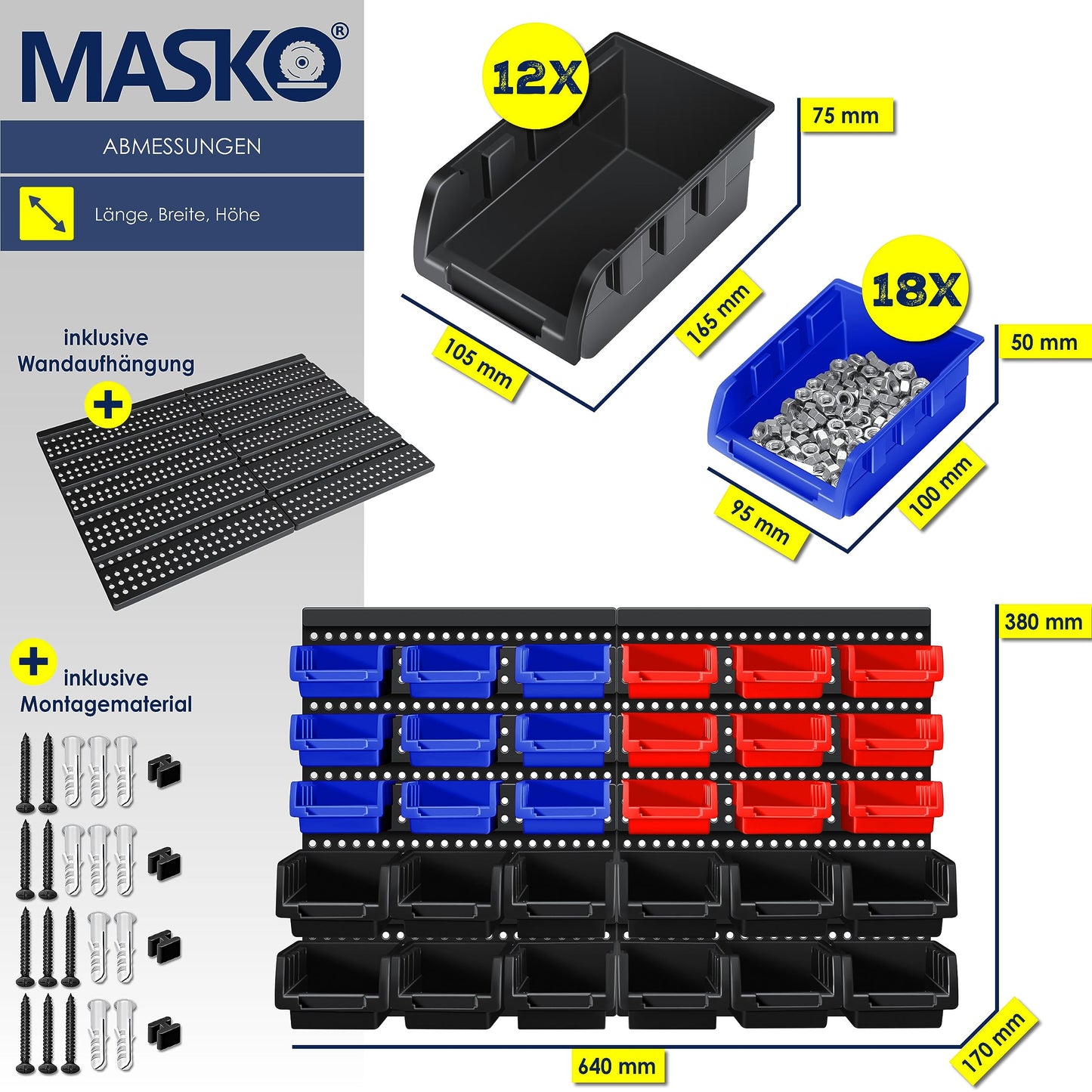 MASKO® Stacking Boxes, Wall Shelf, Tool Holder, 45-Piece Set, Expandable Storage Boxes, Storage Shelves, Boltless Hanging Shelf, Assortment Box, Small Parts Magazine Workshop Shelf, Black/Blue