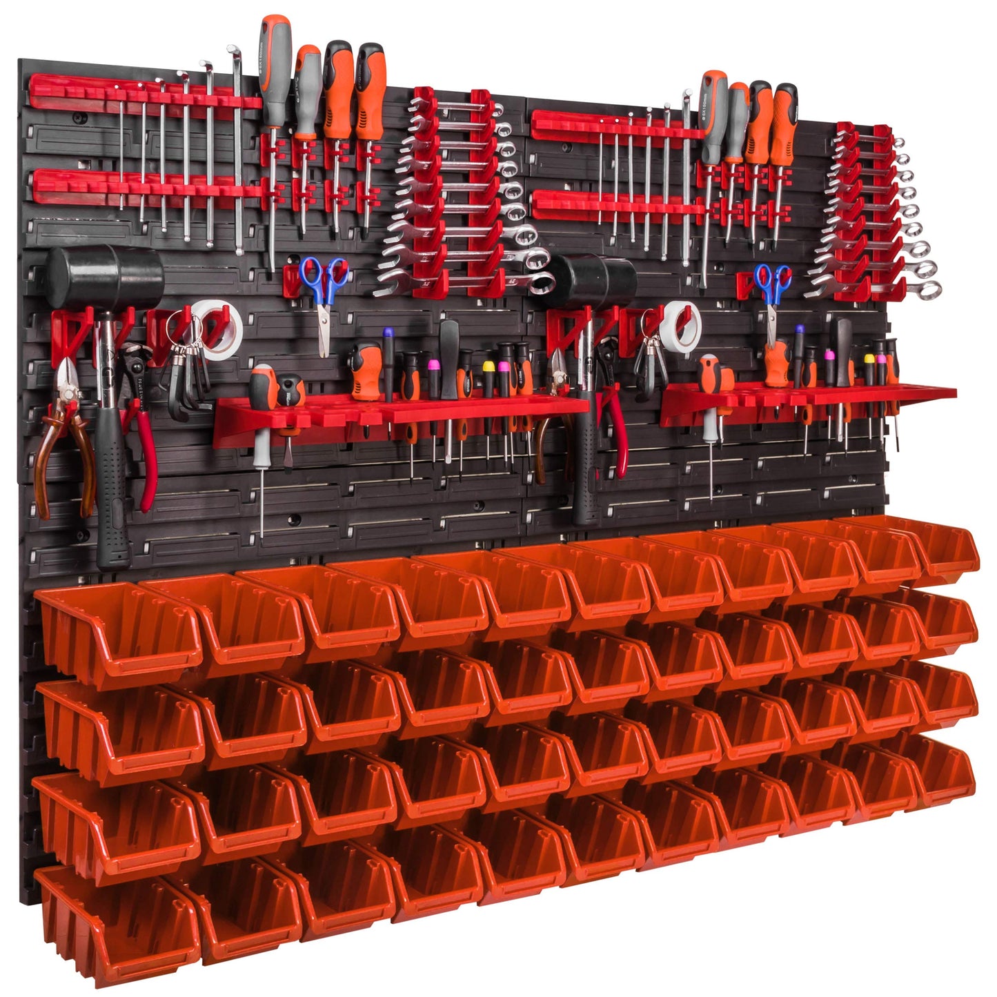 Storage System Wall Shelf 115 x 78 cm, Tool Holders, Pack of 56 Stacking Boxes, Storage Boxes, Extra Strong Wall Plates, Shelf Expandable, Workshop Shelf, Storage Shelf, Workshop Wall Shelf
