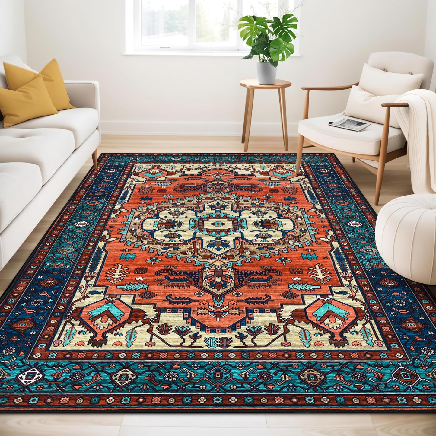 WONGS BEDDING Boho Rug Living Room Bedroom Short Pile Rugs Washable Soft Non-Slip Vintage Design
