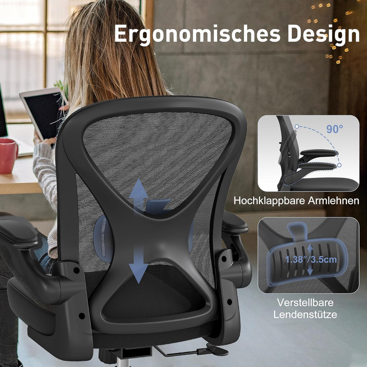 ZZH Ergonomic Desk Chair, Mesh Office Chair with Adjustable Lumbar Support & Folding Armrests, Breathable Computer Chair for Home Office with 360° Rotation & Height Adjustment, Black