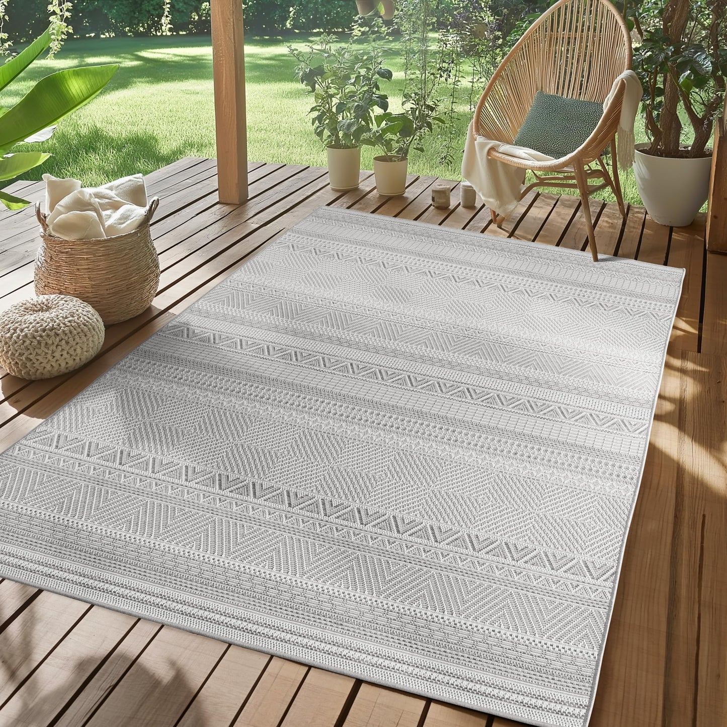 SIMPEX Outdoor Teppich Wetterfest Beige 140x200 cm, UV-beständig, ideal für Küche, Balkon, Terrasse, Garten Wohnzimmer Esszimmer, Skandinavisches Boho-Design, Pfelgeleicht