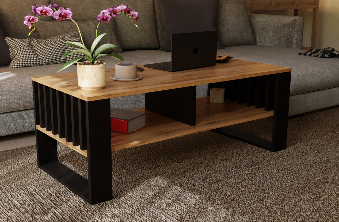 Meble Pitus Coffee Table White - Modern Living Room Table 90 x 50 x 50 cm with Storage Space & Slat Design
