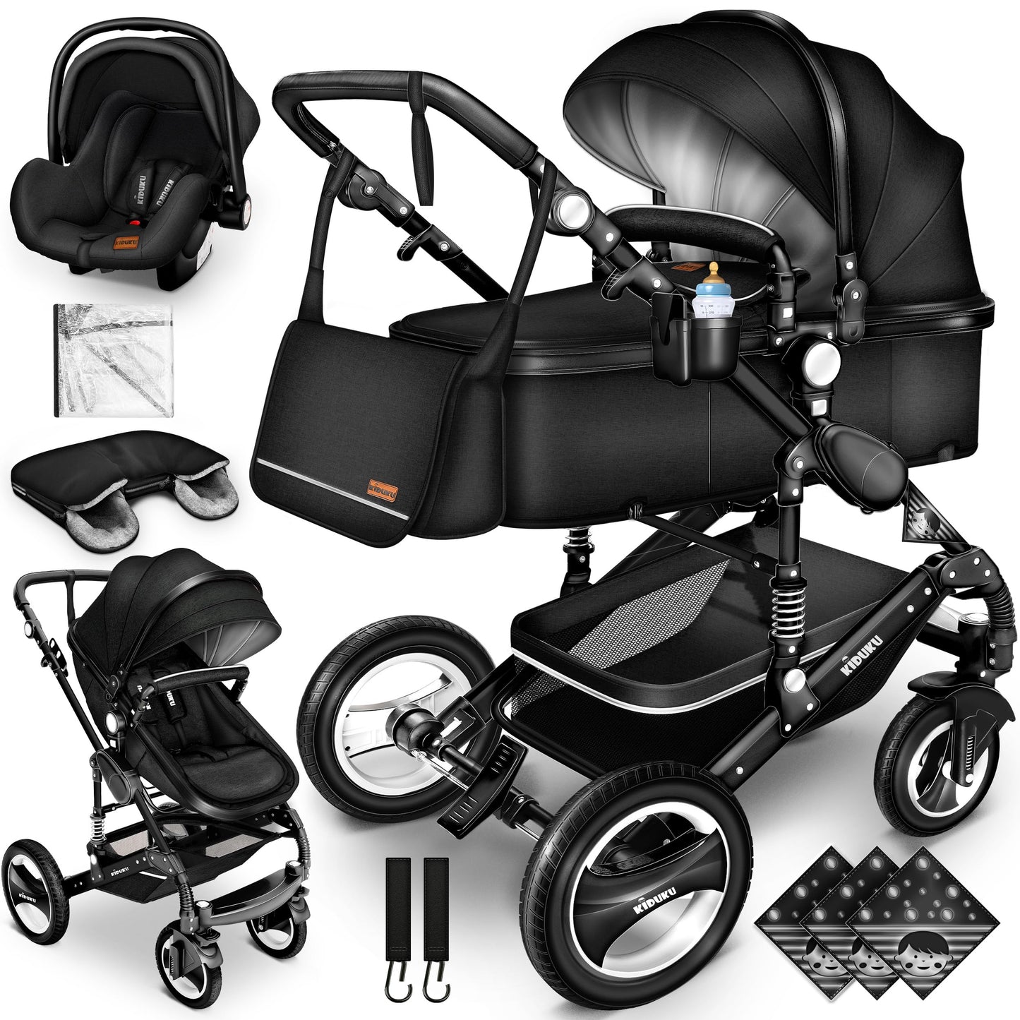 KIDUKU® 3-in-1 Complete Pram Set incl. Baby Carrycot, Buggy, Sports Seat & Car Seat, Footmuff, Solid Rubber Tyres, Changing Bag, Hand Warmer, Rain Cover, Children's Tray, ECE R129