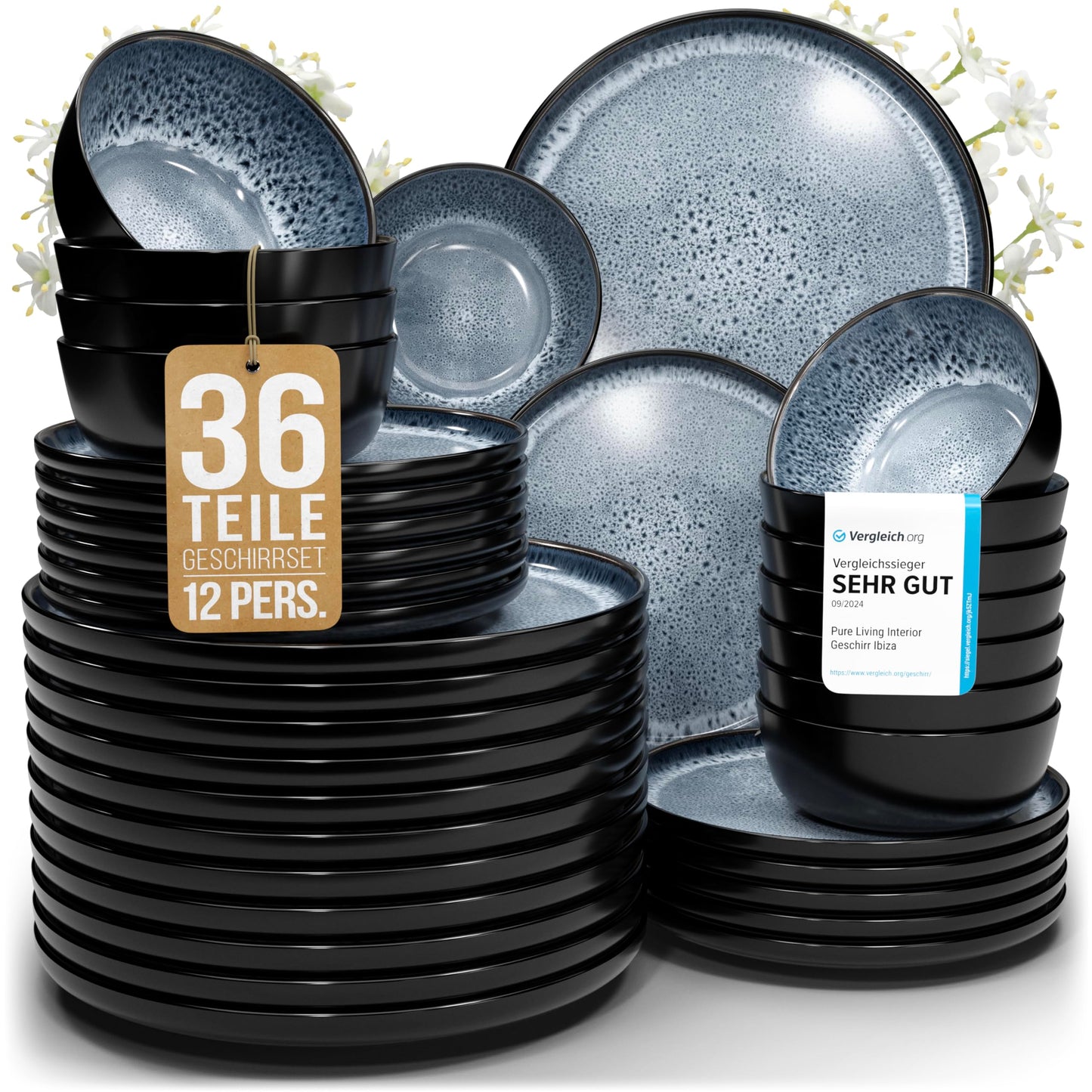 Ibiza Stoneware Crockery Set for 12 People, 48 Pieces, Test Winner, Dreamlike Mediterranean Stoneware Crockery Set, Bowl and Plate Set, Dinner Service for 12 People, Pure Living Crockery Sets in Deep