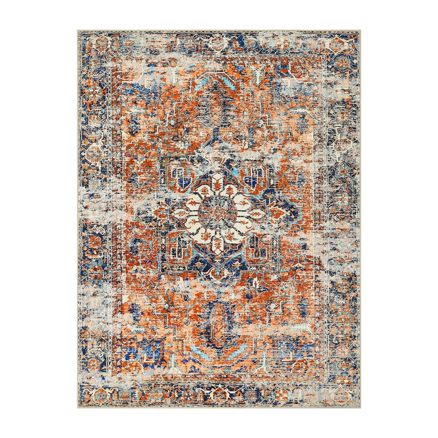 WONGS BEDDING Boho Rug Living Room Bedroom Short Pile Rugs Washable Soft Non-Slip Vintage Design