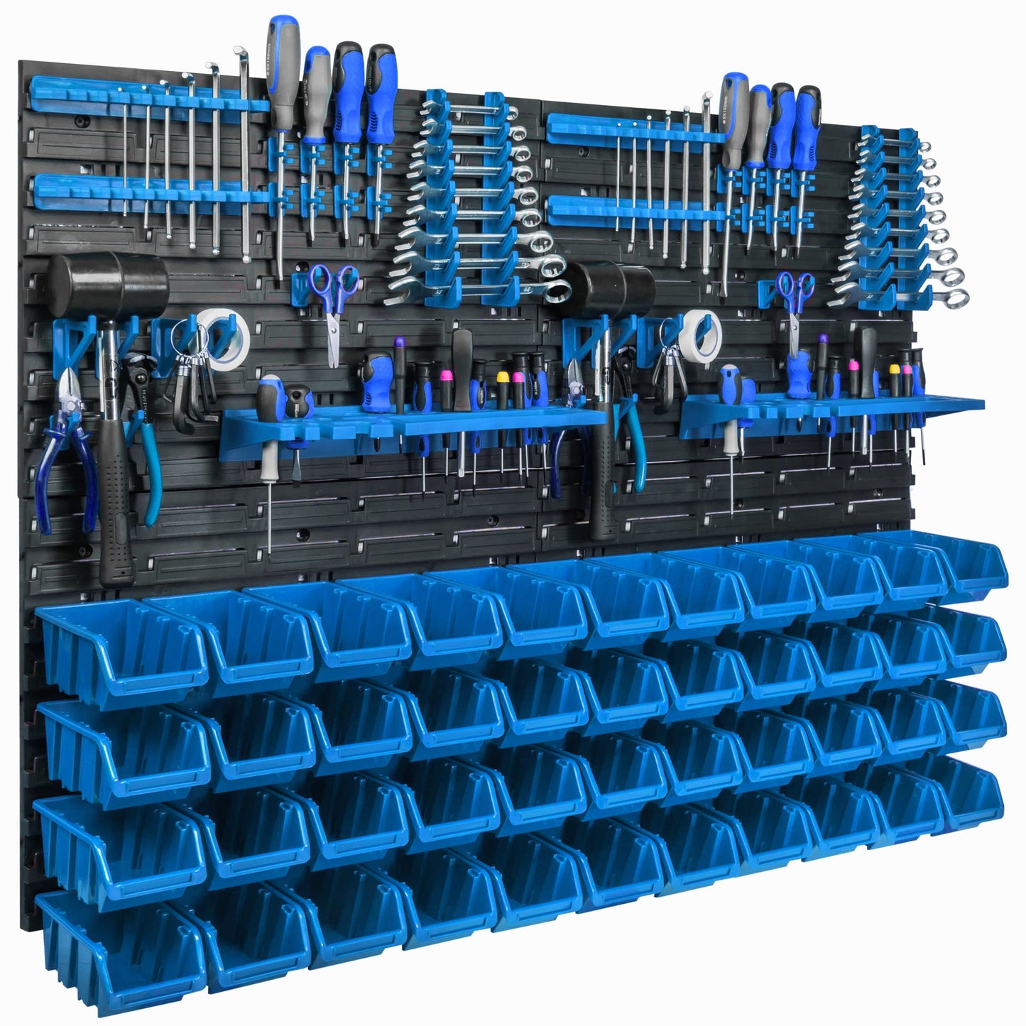 Storage System Wall Shelf 115 x 78 cm, Tool Holders, Pack of 56 Stacking Boxes, Storage Boxes, Extra Strong Wall Plates, Shelf Expandable, Workshop Shelf, Storage Shelf, Workshop Wall Shelf