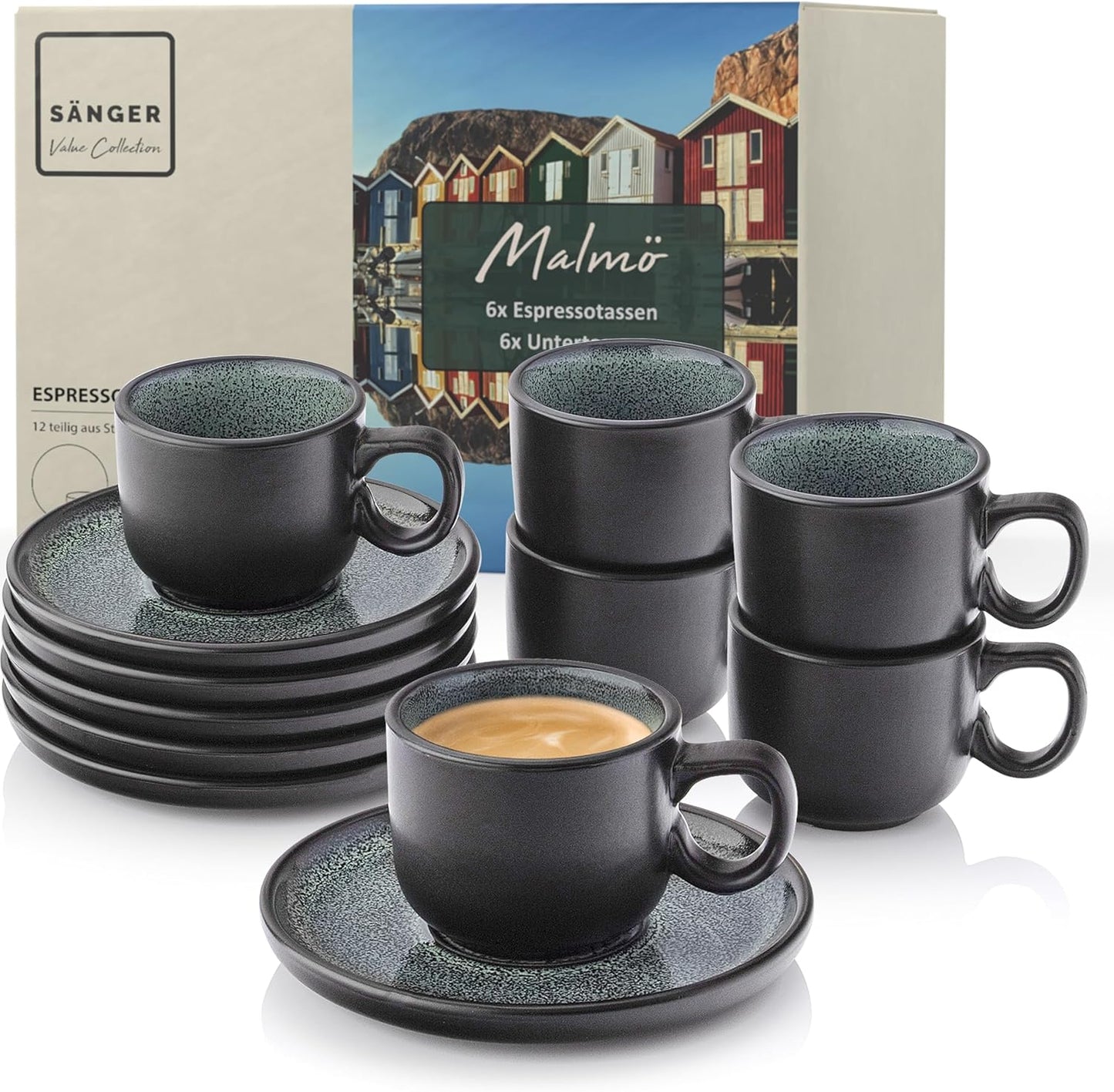 SÄNGER Manila Dinner Service for 6 People, Plate Set, Coffee Mug, Pasta Bowl, 30 Pieces, Stoneware Crockery Set, Dishwasher, Microwave, Scratch-Resistant, Blue with Black Rim, Value Collection