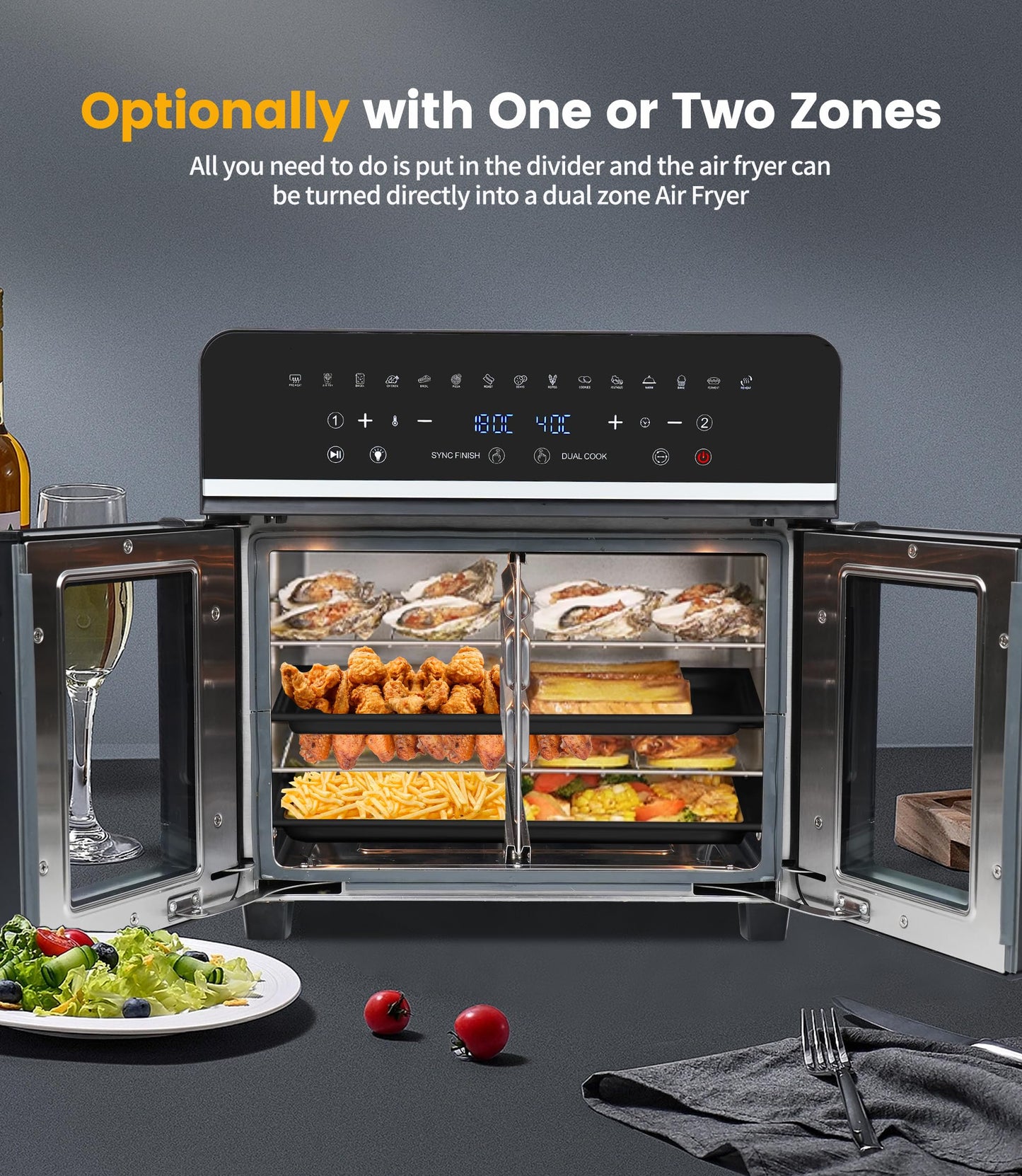 Dual Zone Hot Air Fryer, 23 L Hot Air Fryer, XXL Oven 1800 W with LED Touch Screen, 15 Programmes, with Recipe Book, 11 Accessories