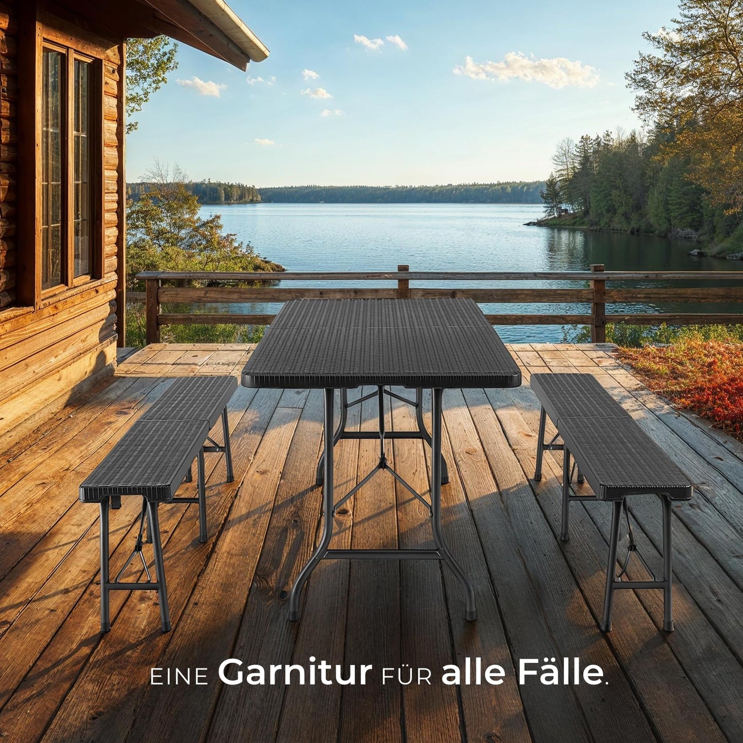 tectake® 3-teiliges Gartenmöbel Set, klappbarer Campingtisch mit 2X Bierbank, Balkonmöbel, Garten oder Terrassentisch Set, Bierzeltgarnitur, mit Tragegriffen, 180cm lang (weiß)