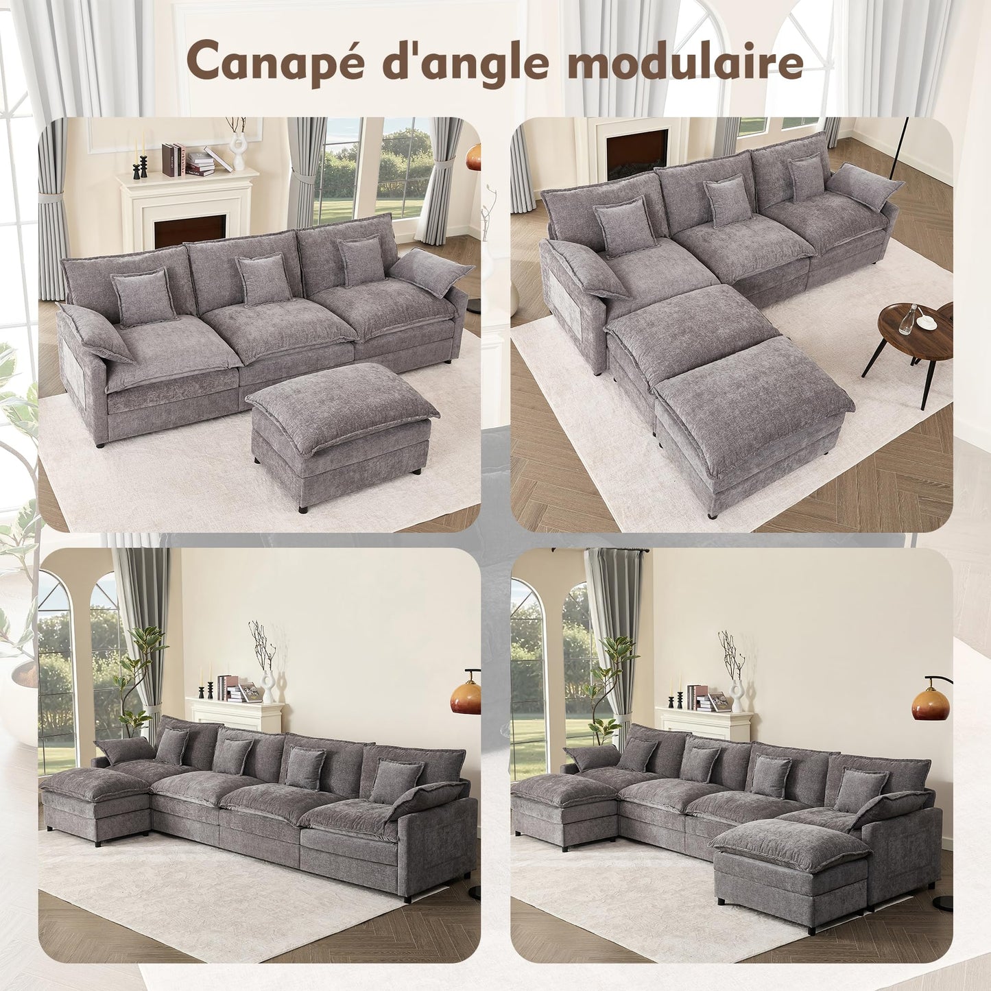 Litbird U-förmiges modulares Sofa 3-Sitzer Ecksofa mit Hocker, tiefes Sitzdesign, Cloud Couch für Wohnzimmer(Hellbraun)