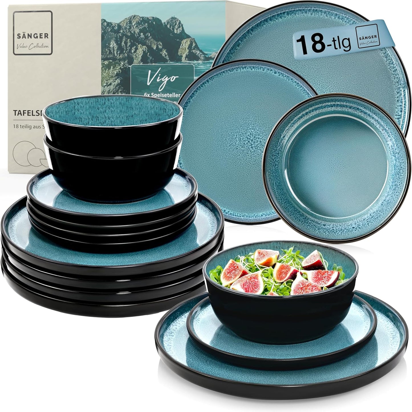 SÄNGER Manila Dinner Service for 6 People, Plate Set, Coffee Mug, Pasta Bowl, 30 Pieces, Stoneware Crockery Set, Dishwasher, Microwave, Scratch-Resistant, Blue with Black Rim, Value Collection