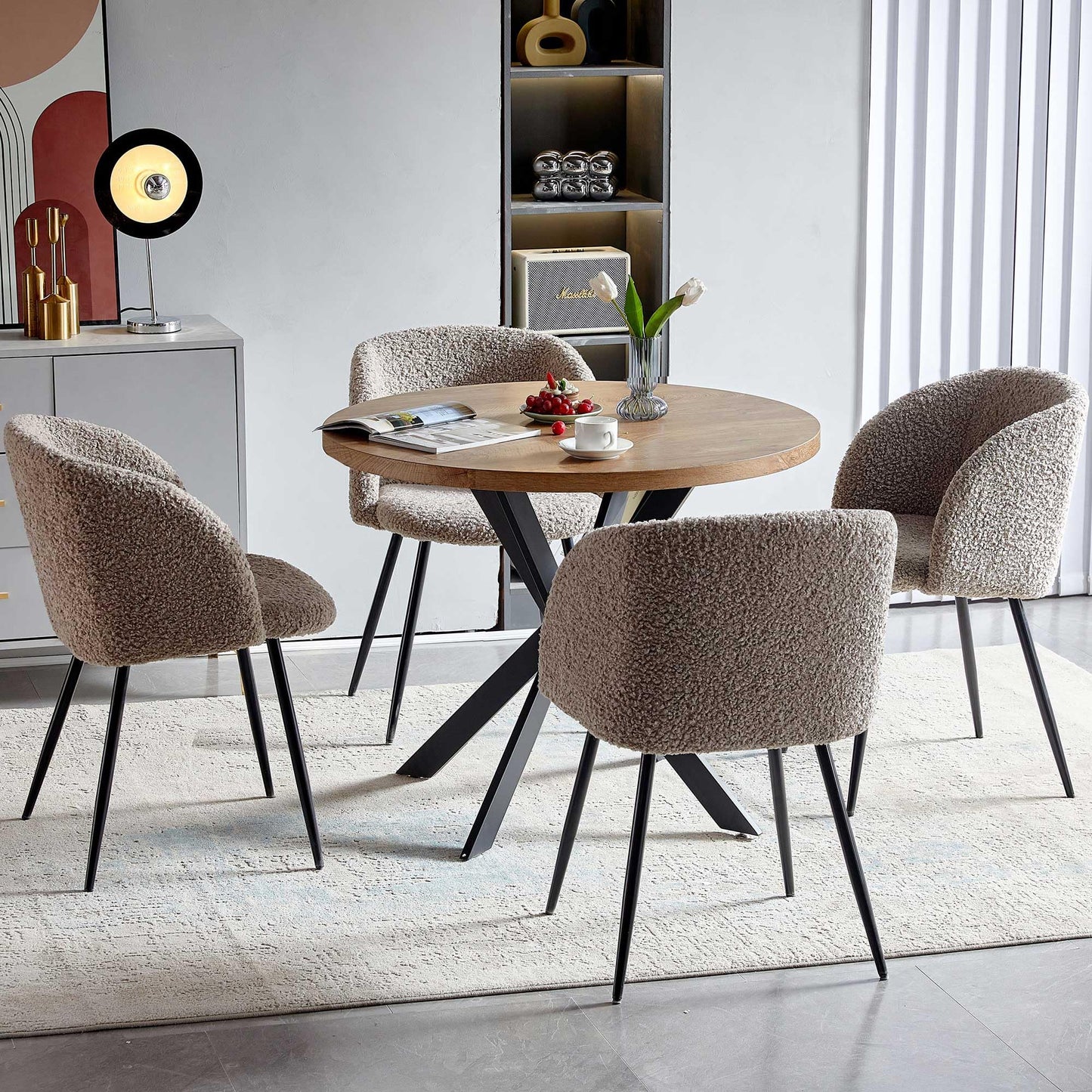 NORDICANA Esstisch mit 4 Stühlen Set, 95cm Runder Esstisch und 4 Kunstfell Loungesessel, Esszimmergruppe mit 4 Essstühlen, für Küche, Büro, Wohnzimmer, Balkon, Restaurant(Tisch+4 Braun Stühle)