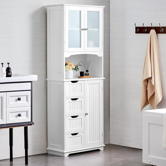 Yaheetech Tall Bathroom Cabinet, Kitchen Cabinet with Glass Doors and Storage Compartment, Storage Cabinet, Bathroom Chest of Drawers with 4 Drawers and Adjustable Shelf, 63 x 30 x 165.5 cm