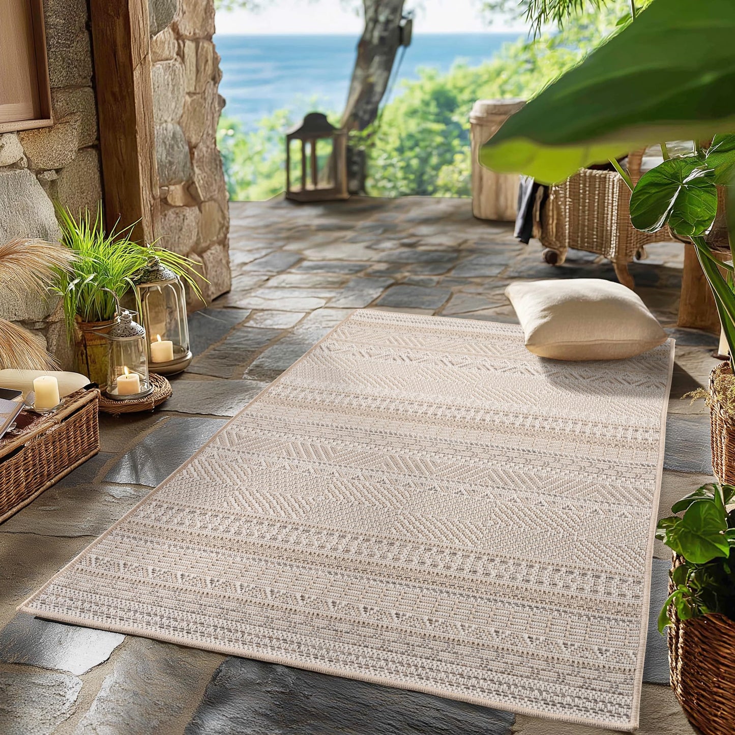 SIMPEX Outdoor Teppich Wetterfest Beige 140x200 cm, UV-beständig, ideal für Küche, Balkon, Terrasse, Garten Wohnzimmer Esszimmer, Skandinavisches Boho-Design, Pfelgeleicht