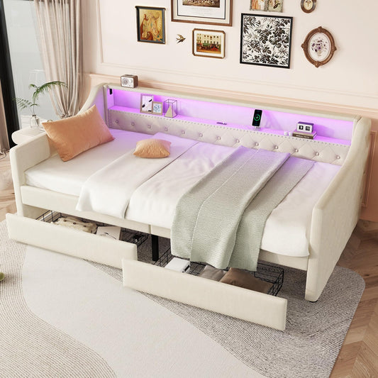 Aoskem Polsterbett Tagesbett Einzelbett 90x200 mit 2 Stauraum Schubladen, Kinderbett LED-Sofabett mit USB-Ladebuchse, Bettgestell mit Lattenrost, Jugendbett Schlafsofa, Ohne Matratze, Leinen (Grau)