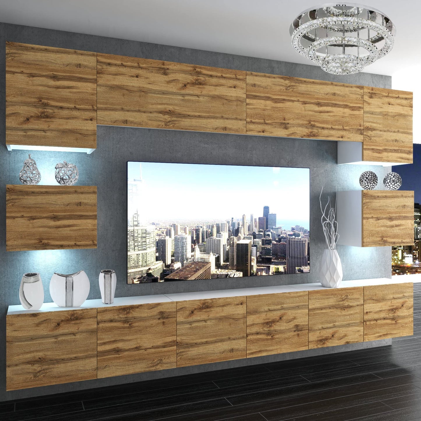 BELINI Living Room Wall Unit Full Equipment Living Room Set Modern Cabinet Wall with LED Lighting TV Cabinet White