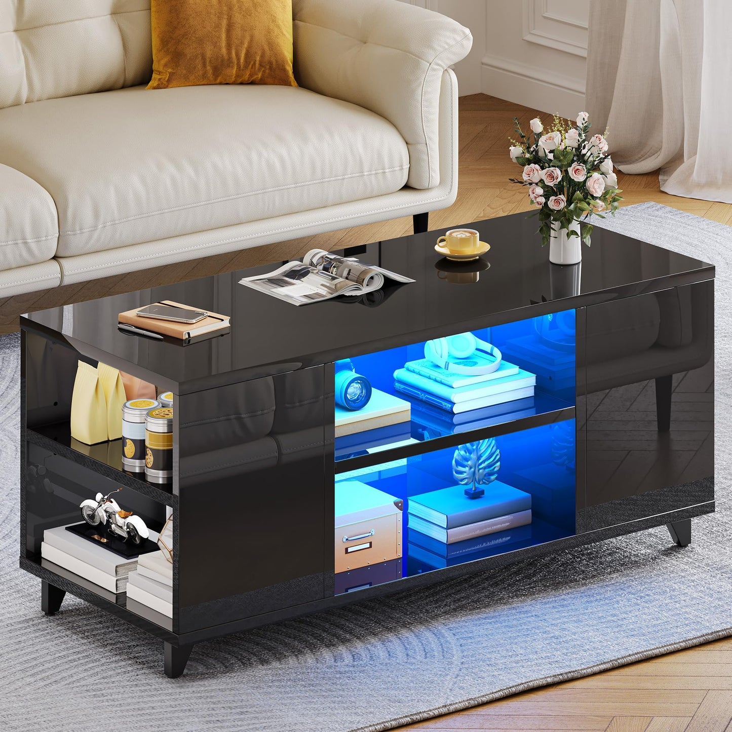 YITAHOME Coffee Table High Gloss Black Modern Living Room Table with 16-Colour LED Lighting Sofa Side Table with Adjustable Shelf 97.5 x 48 x 45 cm