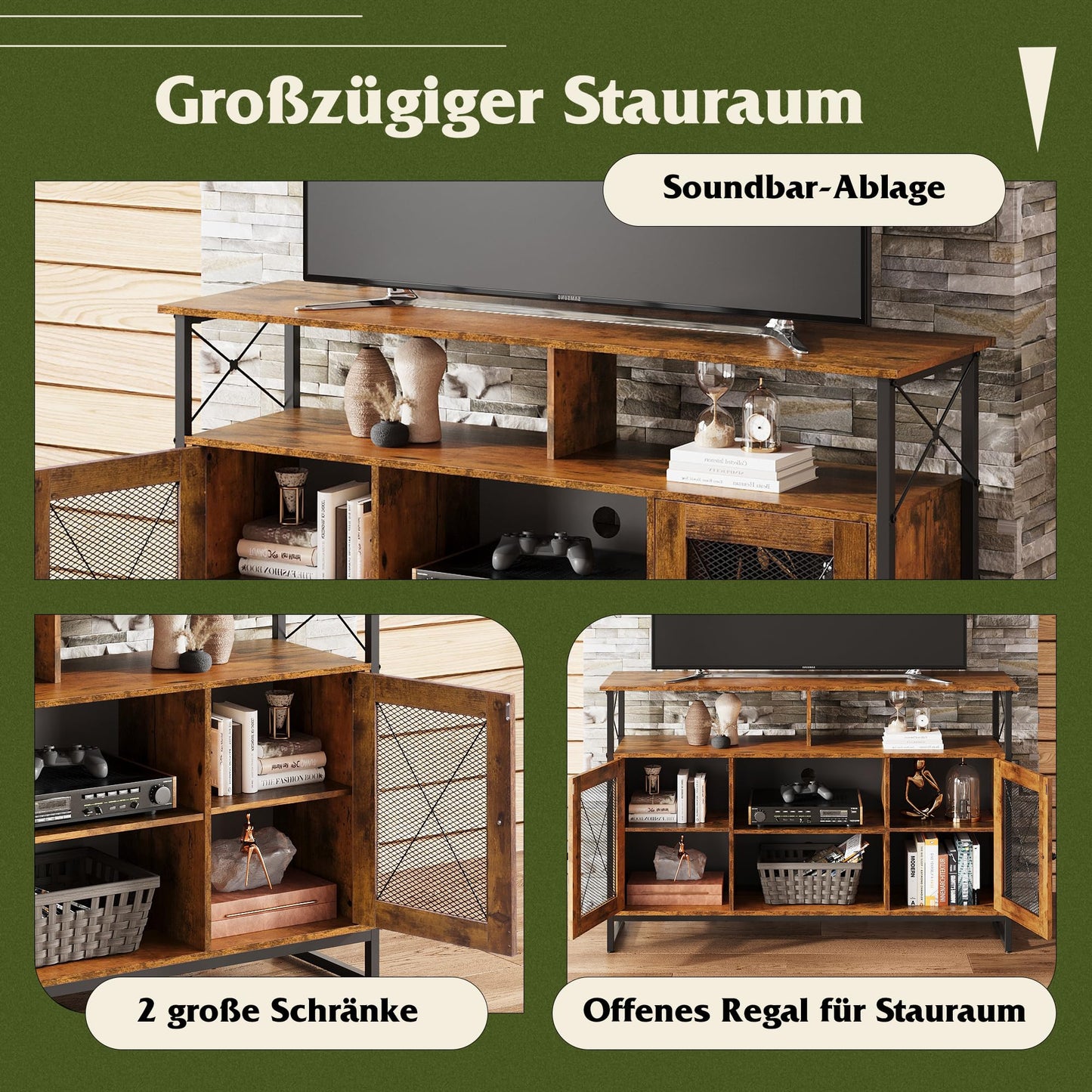 WLIVE Cabinet TV Schrank für Fernseher bis zu 55 Zoll, 128 × 36 × 82 cm Hoch TV Borad Fernsehschrank mit Verstellbaren Ablagen, Fernsehtisch mit Zwei Schränken, TV Tisch für Wohnzimmer