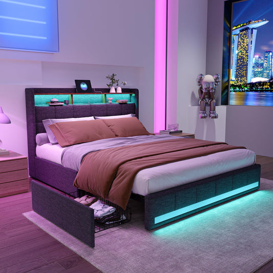 KeepGoon Doppelbett 140 x 200 cm,Polsterbett mit LED-Leuchten, 4 Eisenschubladen und einem USB Ladeanschluss,Stauraumbetten Bettgestell,Leinenstoff (Beige)