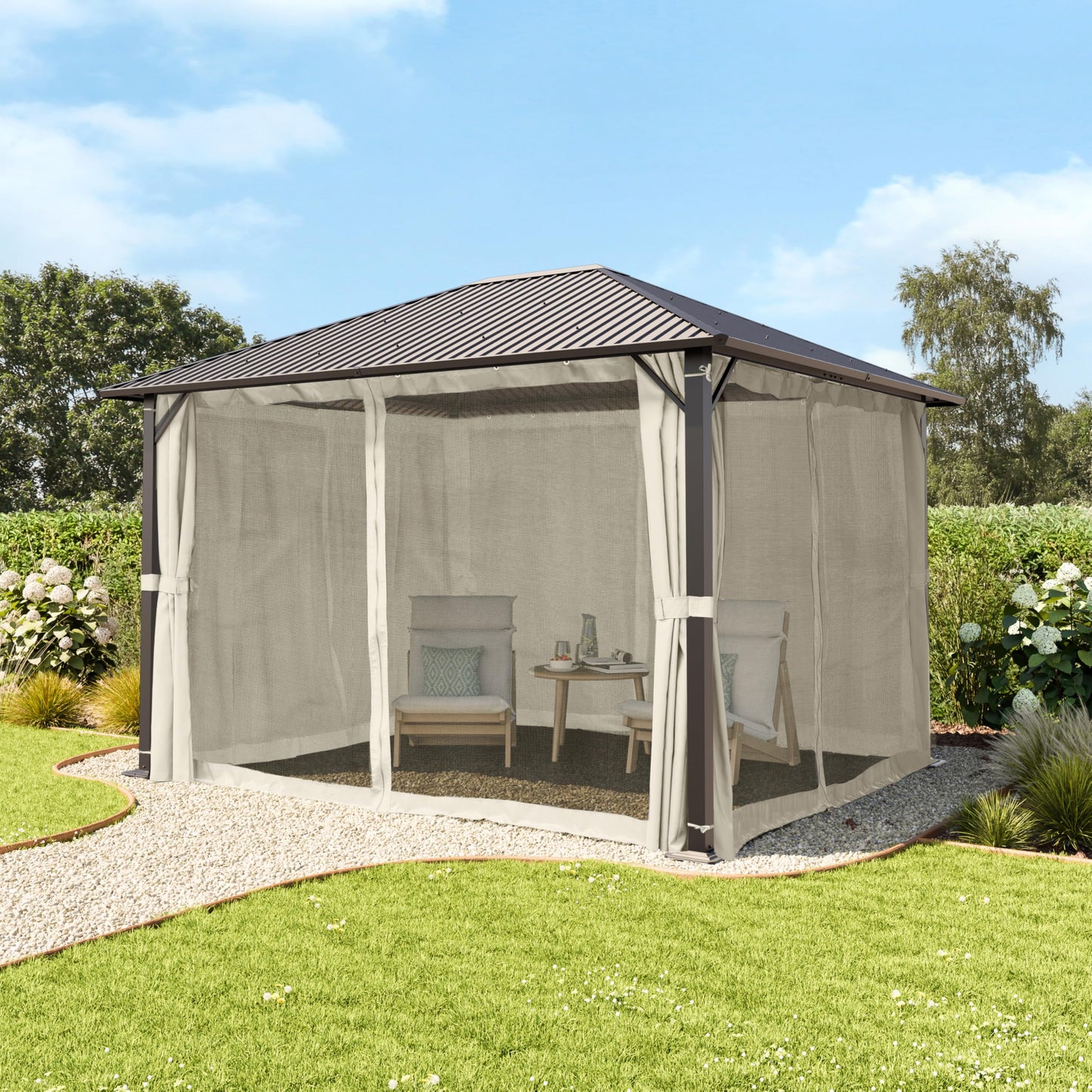 TOOLPORT Garden Gazebo 3 x 3 m with Steel Roof - Hardtop Gazebo with 4 Side Panels and Mosquito Nets in Cream