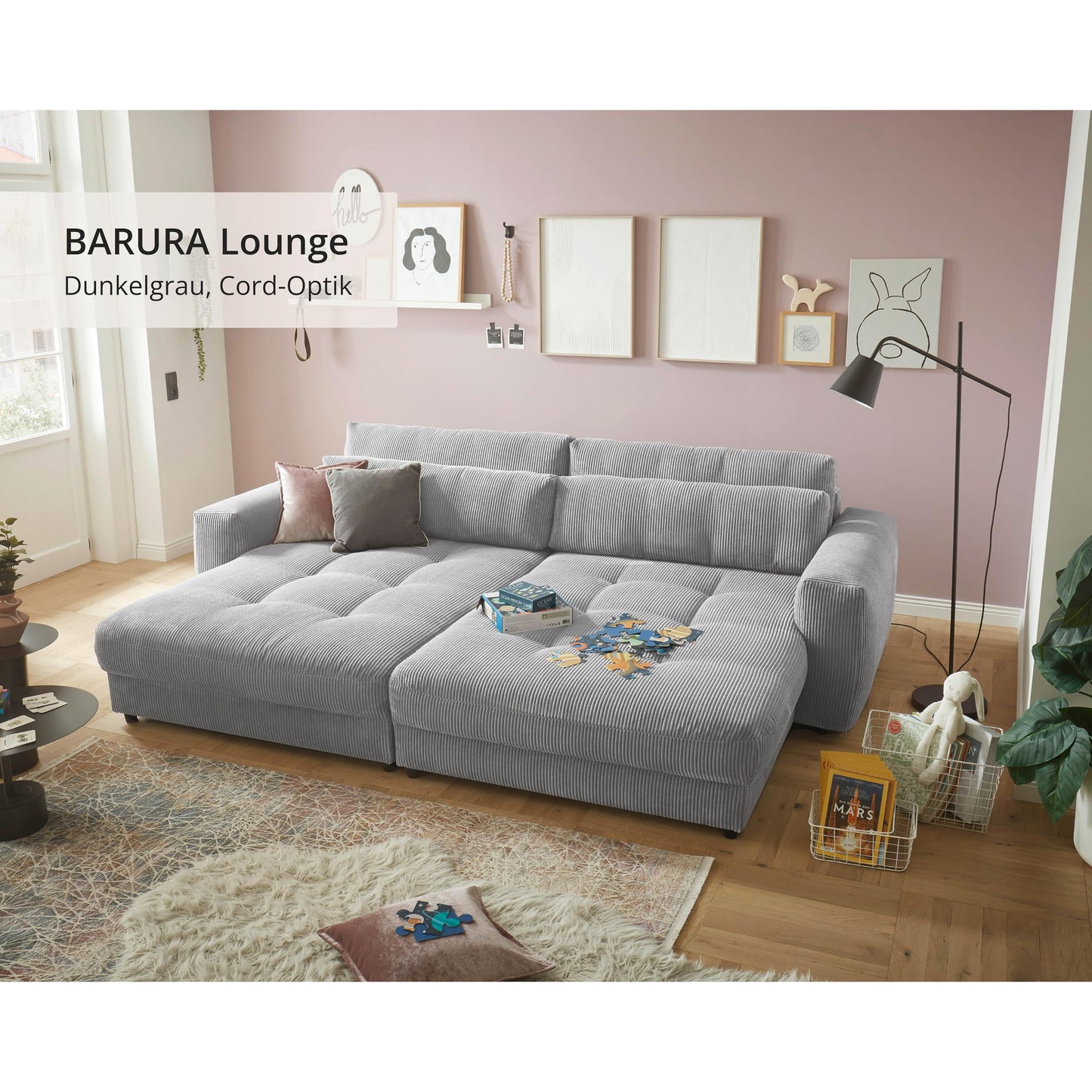 Barura Big Sofa in Corduroy Look, Ash - Comfortable Living Room Couch with Large Lying Surface - 292 x 90 (74) х 194 cm (W x H x D)