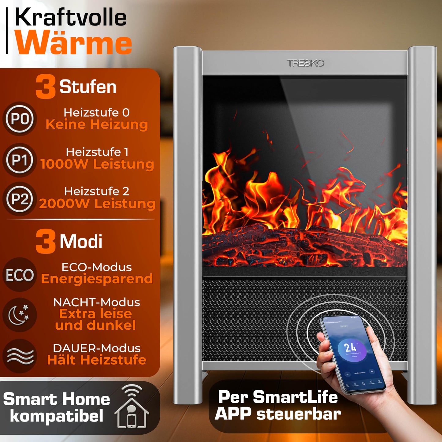 TRESKO Electric Fireplace with Heater & Remote Control 2000 W, WiFi App, Electric LED Flame Effect & LCD Display, Fireplace with Thermostat, Timer, Electric Fireplace, Standing Fireplace, Fan Heater