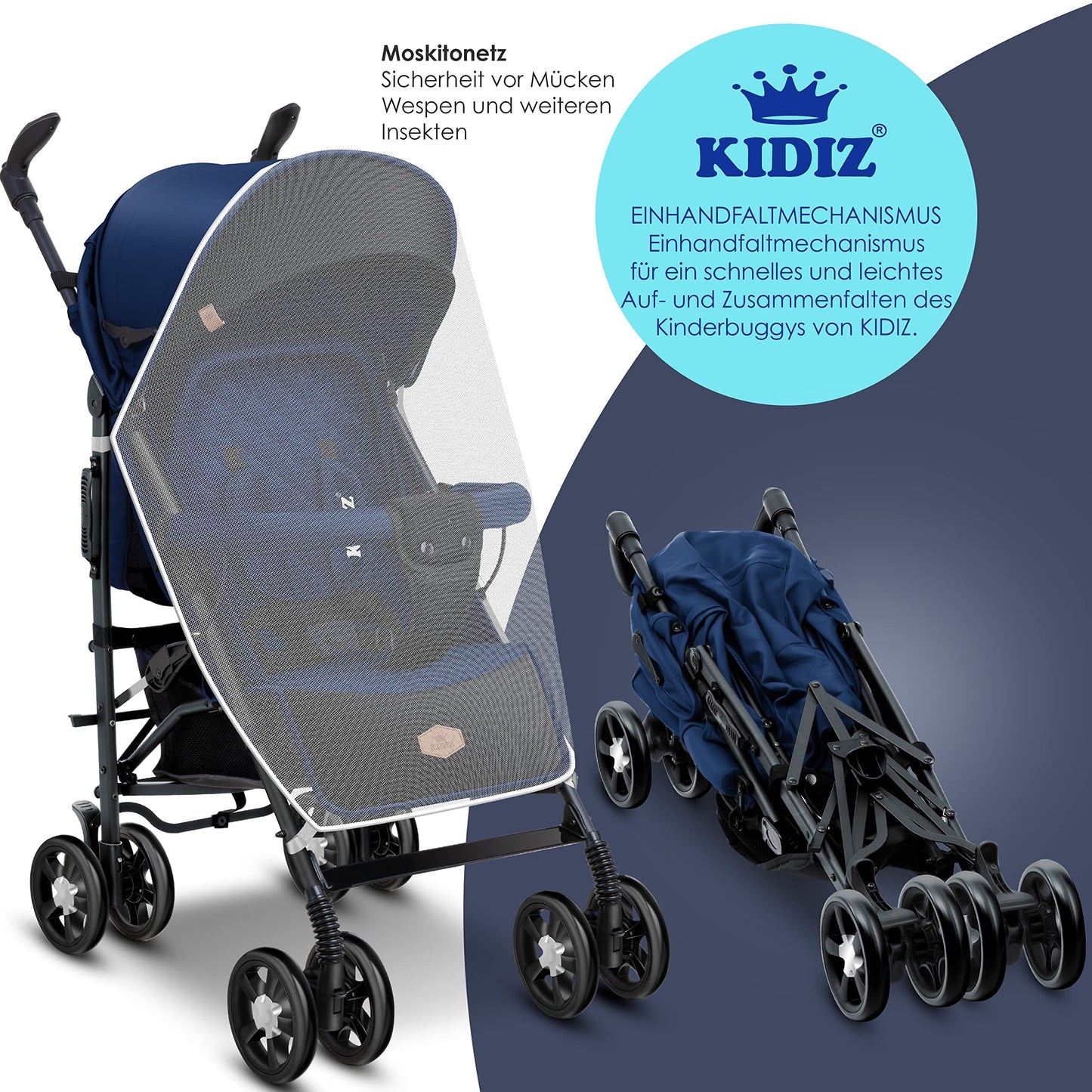 KIDIZ® City-Pro Pushchair Folding Pushchair Pushchair Sports Pushchair Foldable 360° 6 Inch Wheels Includes Mosquito Net, Footmuff and Rain Cover Foldable Sleep Function Blue