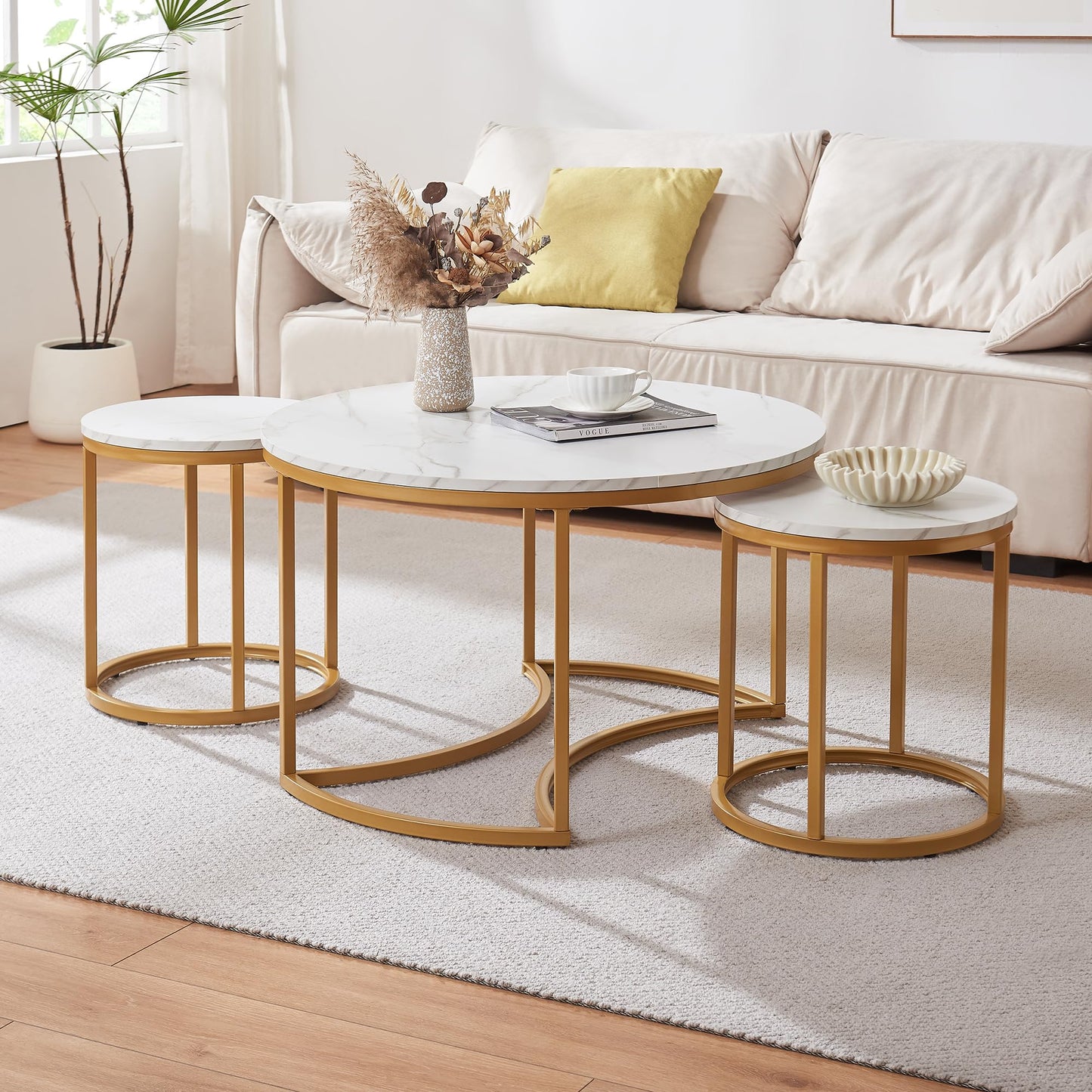 [en.casa] Christchurch Coffee Table, Set of 3, Round Sofa Table, Side Table with Metal Frame, Coffee Table, Marble Look, White/Gold