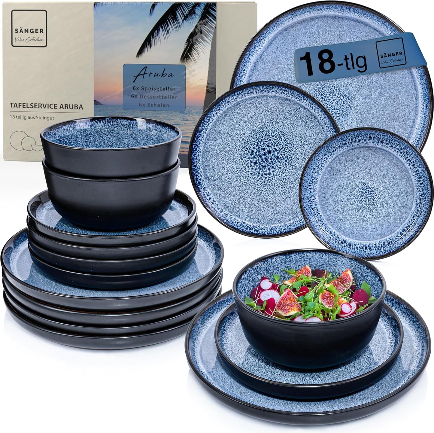 SÄNGER Manila Dinner Service for 6 People, Plate Set, Coffee Mug, Pasta Bowl, 30 Pieces, Stoneware Crockery Set, Dishwasher, Microwave, Scratch-Resistant, Blue with Black Rim, Value Collection