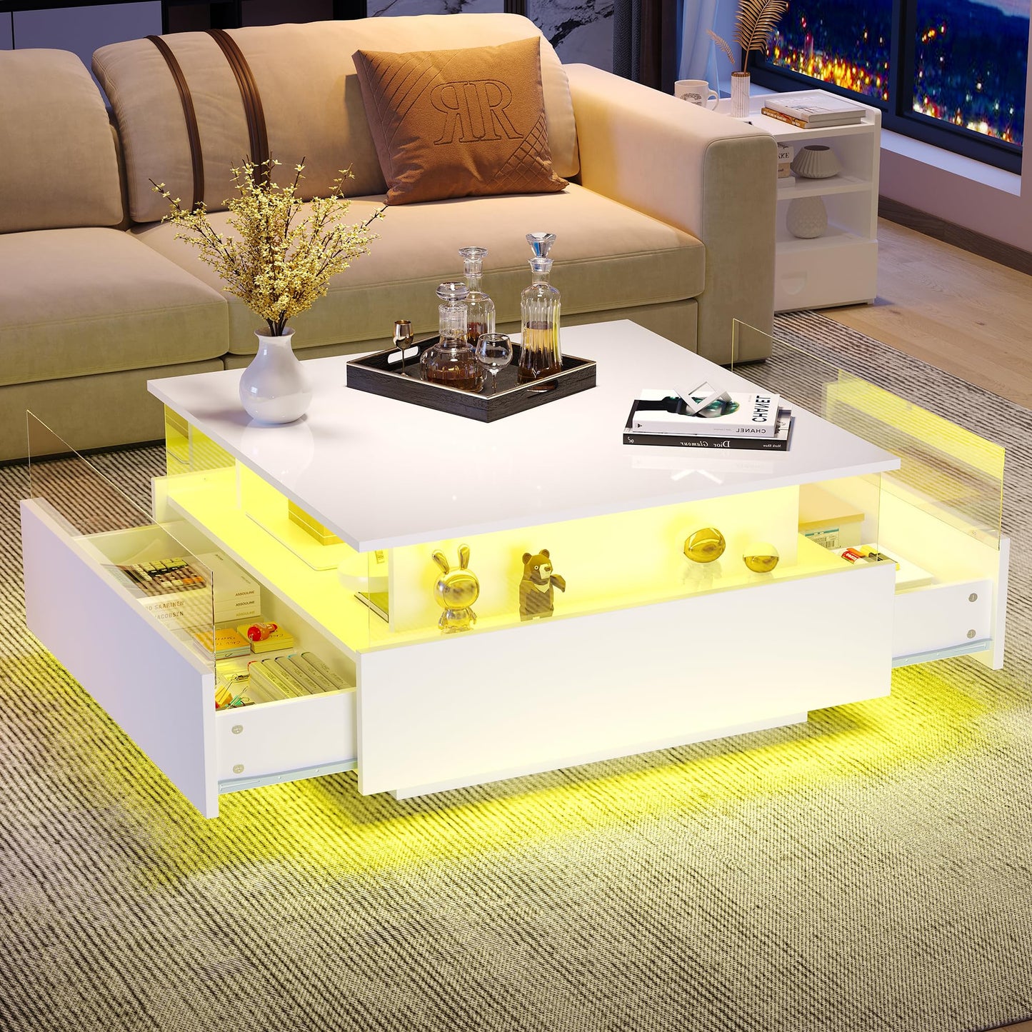 Modern High-Gloss LED Coffee Table with 2 Drawers and Transparent Presentation Area, Storage Space, Stable and Durable - Load Capacity up to 30 kg, Ideal for Living Room, 70 x 70 x 41 cm (Black)