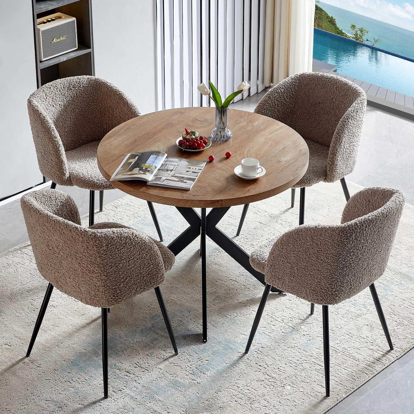 NORDICANA Esstisch mit 4 Stühlen Set, 95cm Runder Esstisch und 4 Kunstfell Loungesessel, Esszimmergruppe mit 4 Essstühlen, für Küche, Büro, Wohnzimmer, Balkon, Restaurant(Tisch+4 Braun Stühle)