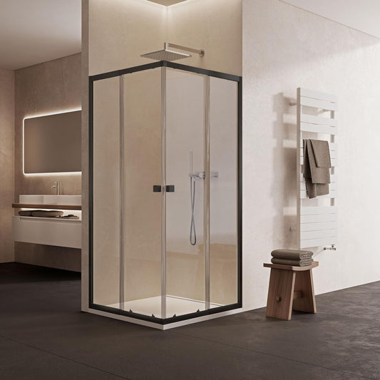 Duschkabine 75–90 x 75–90 x 190 cm – Gleittüren, 4 mm ESG Sicherheitsglas, Schwarz, Aluminiumrahmen, heraushebbare Türen, Magnetverschluss, justierbares Wandprofil, einfache Montage, ohne Duschtasse