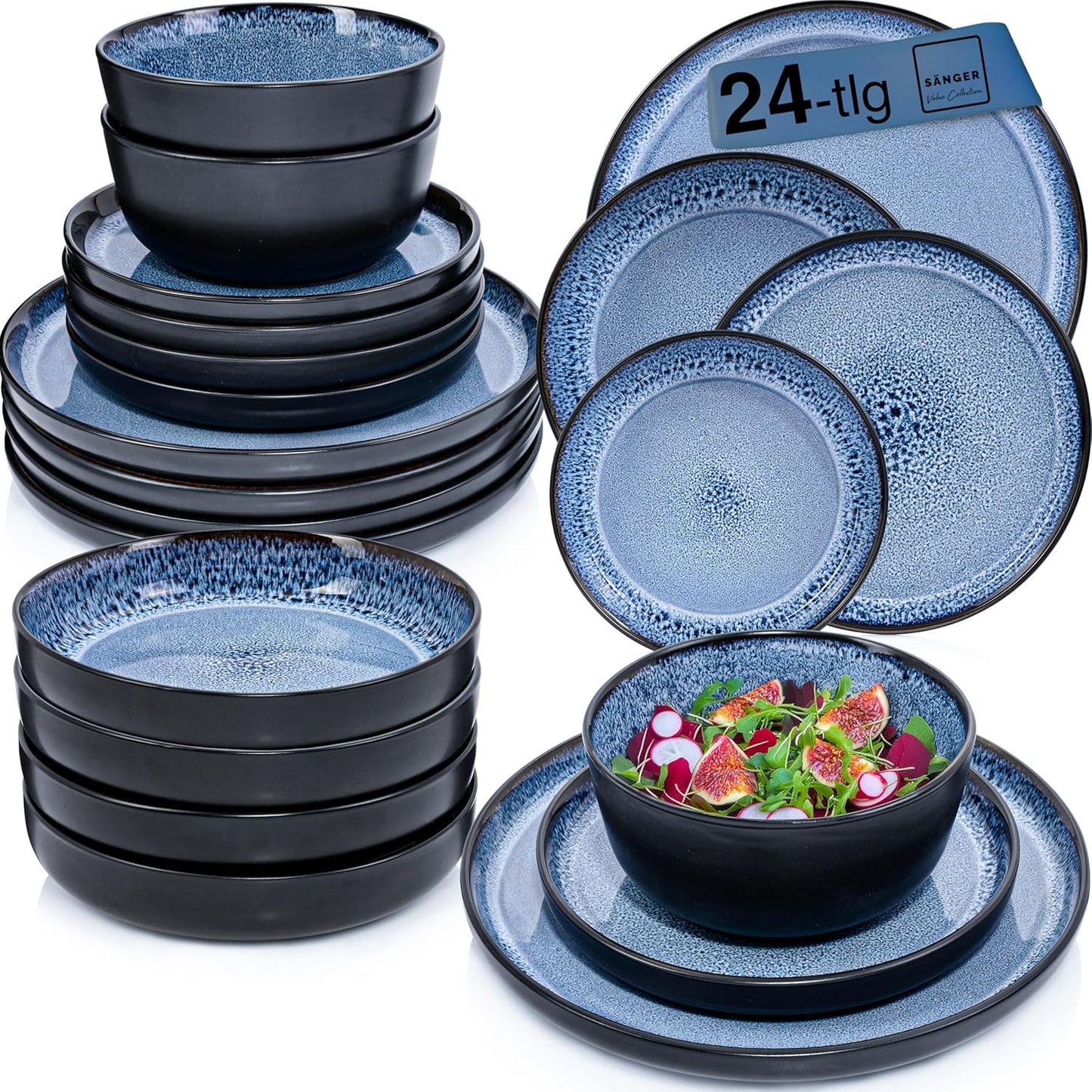 SÄNGER Manila Dinner Service for 6 People, Plate Set, Coffee Mug, Pasta Bowl, 30 Pieces, Stoneware Crockery Set, Dishwasher, Microwave, Scratch-Resistant, Blue with Black Rim, Value Collection