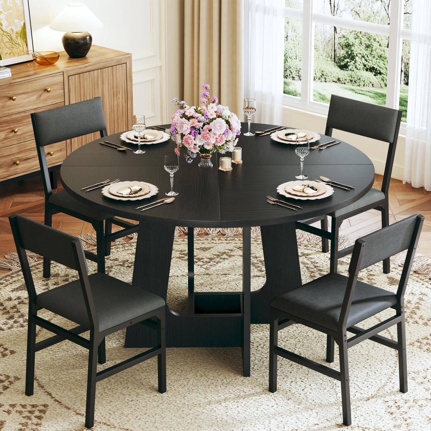 Round Dining Table Set for 6, 7-Piece Kitchen Table and Chairs for 6, 47'' Round Dining Room Table Set with 6 Chairs, Space Saving Dining Table with Wood Base for Kitchen, Living Room, Brown