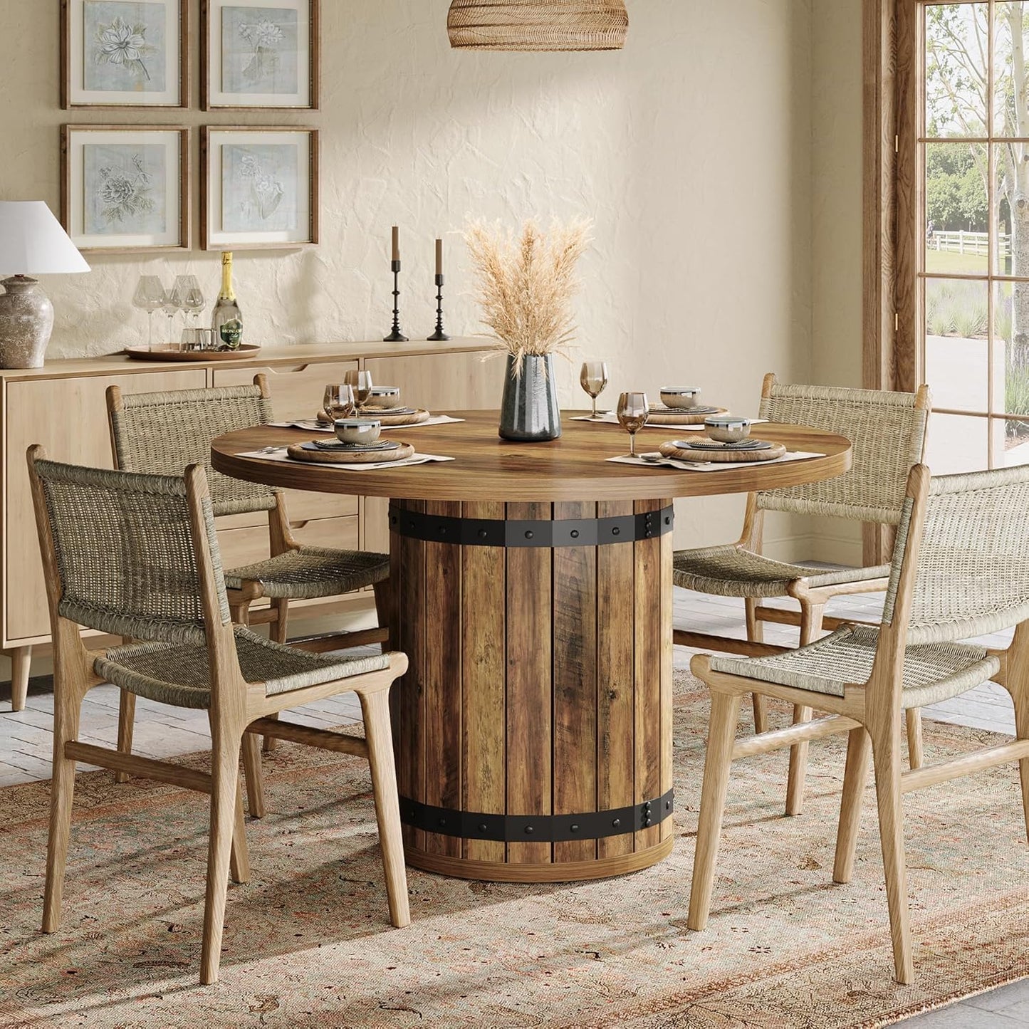 Tribesigns Round Dining Table, 100cm Kitchen Table for Dining Room and Living Room, Country Style Dining Table for 4 People with Wooden Fence Style Base (Table Only)