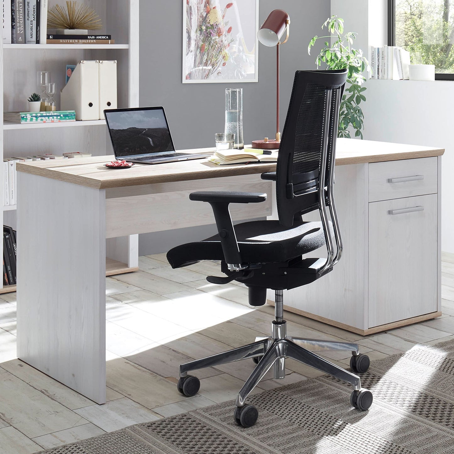 DEINE TANTE EMMA 39-015-D4 Romance Sibiu Larch White / Sanremo Oak Nb. Desk Angle Work Table Office Table Approx. 177 x 76 x 130 cm