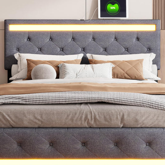 BRYXR Box Spring Bed 140 x 200 cm with Slatted Frame, Stylish Upholstered Bed with Storage Space, 4 Drawers, Individual LED Lighting, USB and Type C Connections, Modern Grey Design for Optimal Comfort