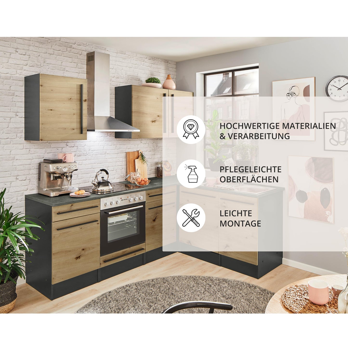 Jazz 8 Modern Corner Kitchen without Electrical Appliances in White High Gloss, Metallic Grey - Spacious Kitchen Unit in L-Shaped with Lots of Storage Space - 220 x 211 x 60 cm (W x H x D)