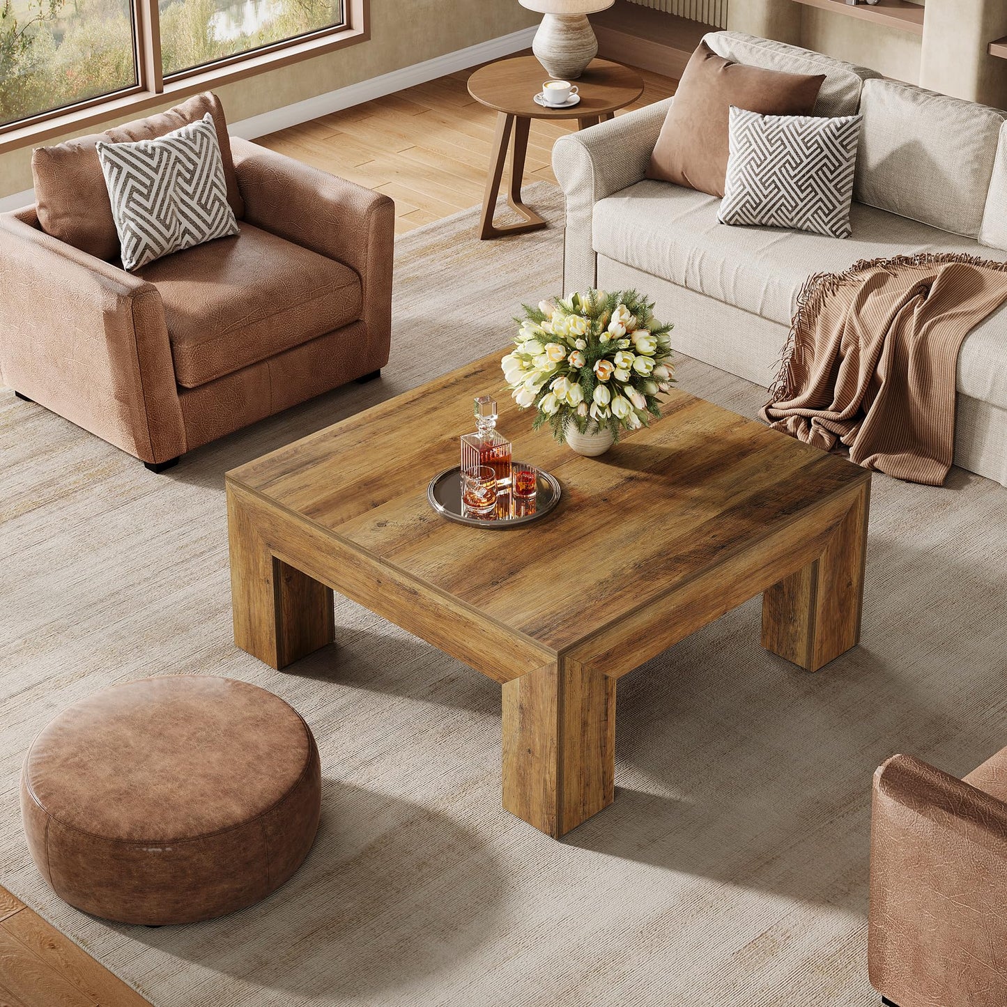 Tribesigns Coffee Table, Square Living Room Table, Coffee Table with Sturdy Wooden Feet for Couch Bedroom, 100 x 100 x 50 cm, Rustic Brown