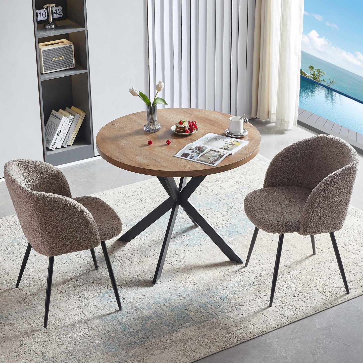 NORDICANA Esstisch mit 4 Stühlen Set, 95cm Runder Esstisch und 4 Kunstfell Loungesessel, Esszimmergruppe mit 4 Essstühlen, für Küche, Büro, Wohnzimmer, Balkon, Restaurant(Tisch+4 Braun Stühle)