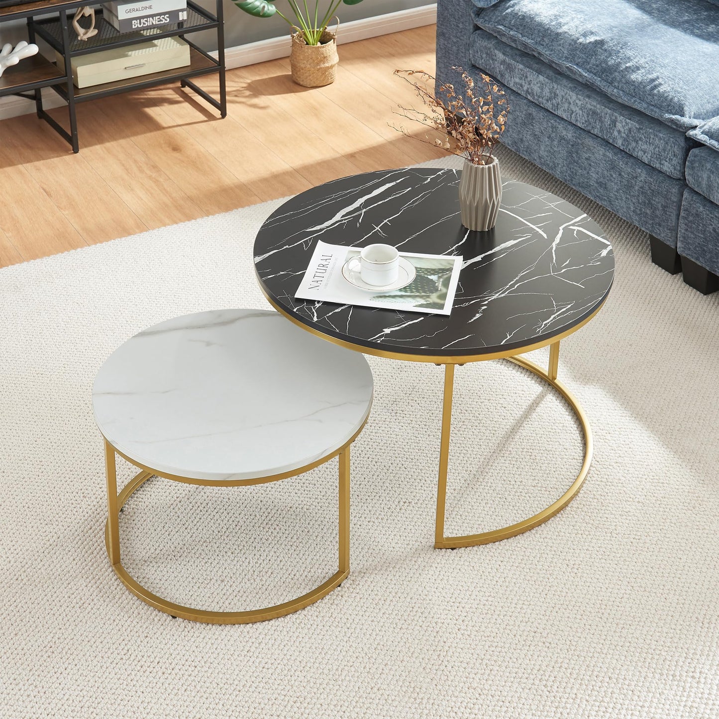 [en.casa] Christchurch Coffee Table, Set of 3, Round Sofa Table, Side Table with Metal Frame, Coffee Table, Marble Look, White/Gold