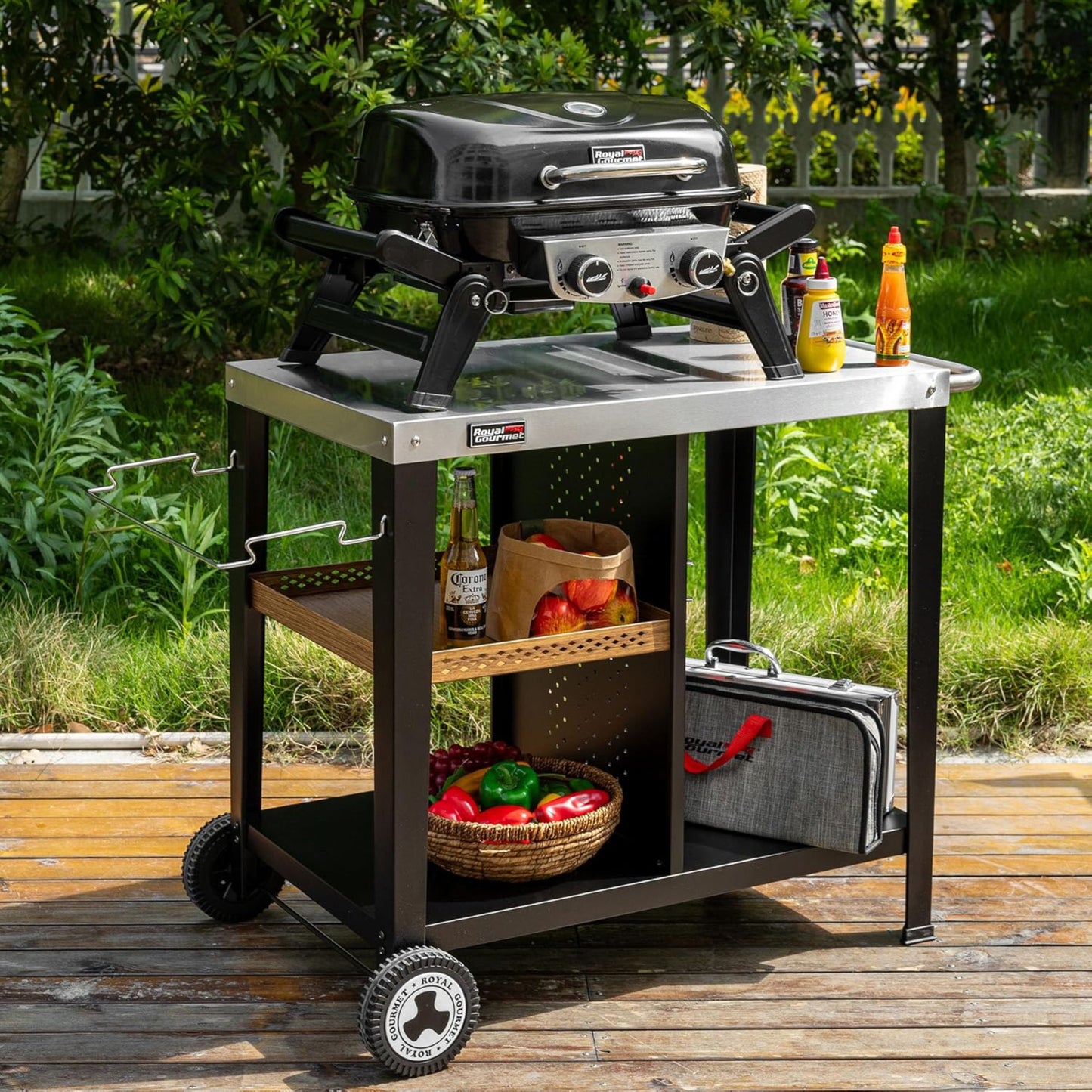 Royal Gourmet Grill Table with 85 x 50 cm Stainless Steel Plate, 3 Tier Grill Trolley for Table Grill and Pizza Ovens, Trolley with Handles, Bin Bag Holder & Storage Shelves, Easy to Clean and Movable