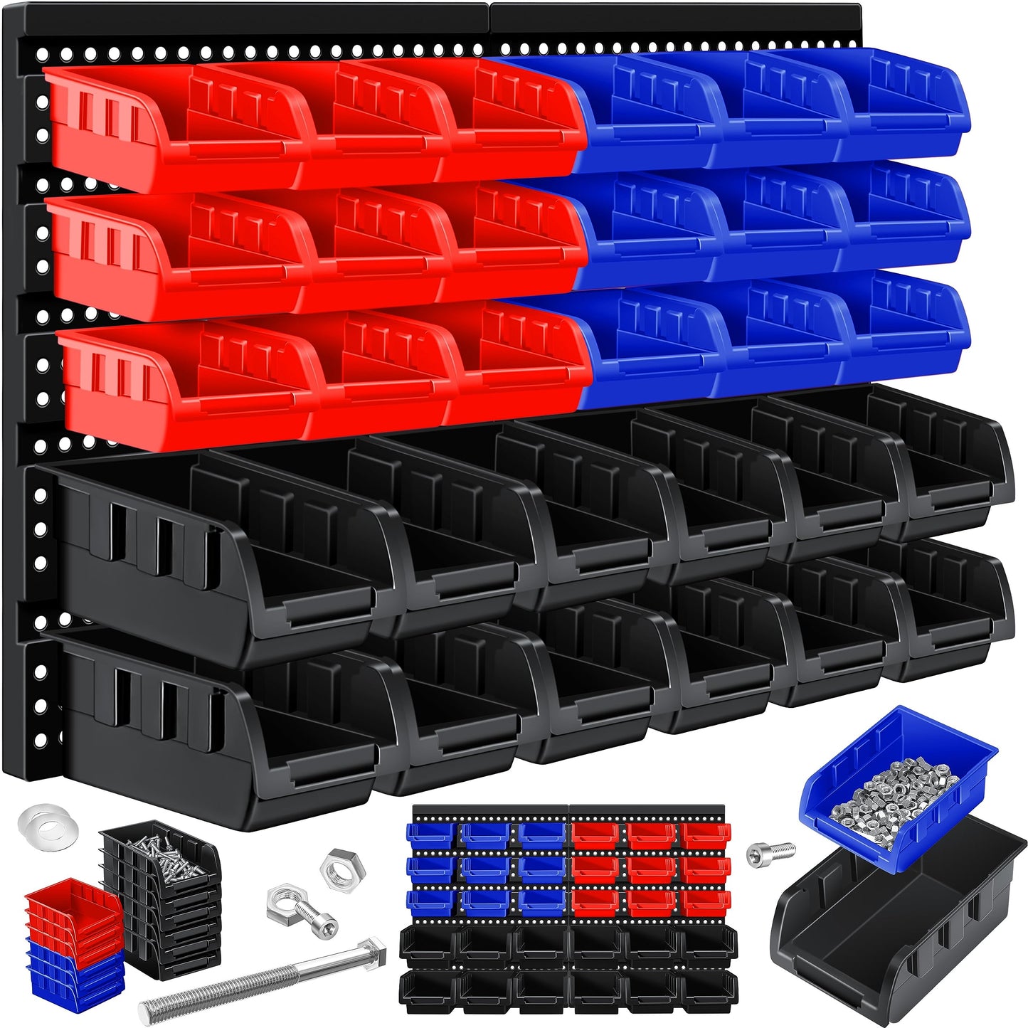 MASKO® Stacking Boxes, Wall Shelf, Tool Holder, 45-Piece Set, Expandable Storage Boxes, Storage Shelves, Boltless Hanging Shelf, Assortment Box, Small Parts Magazine Workshop Shelf, Black/Blue