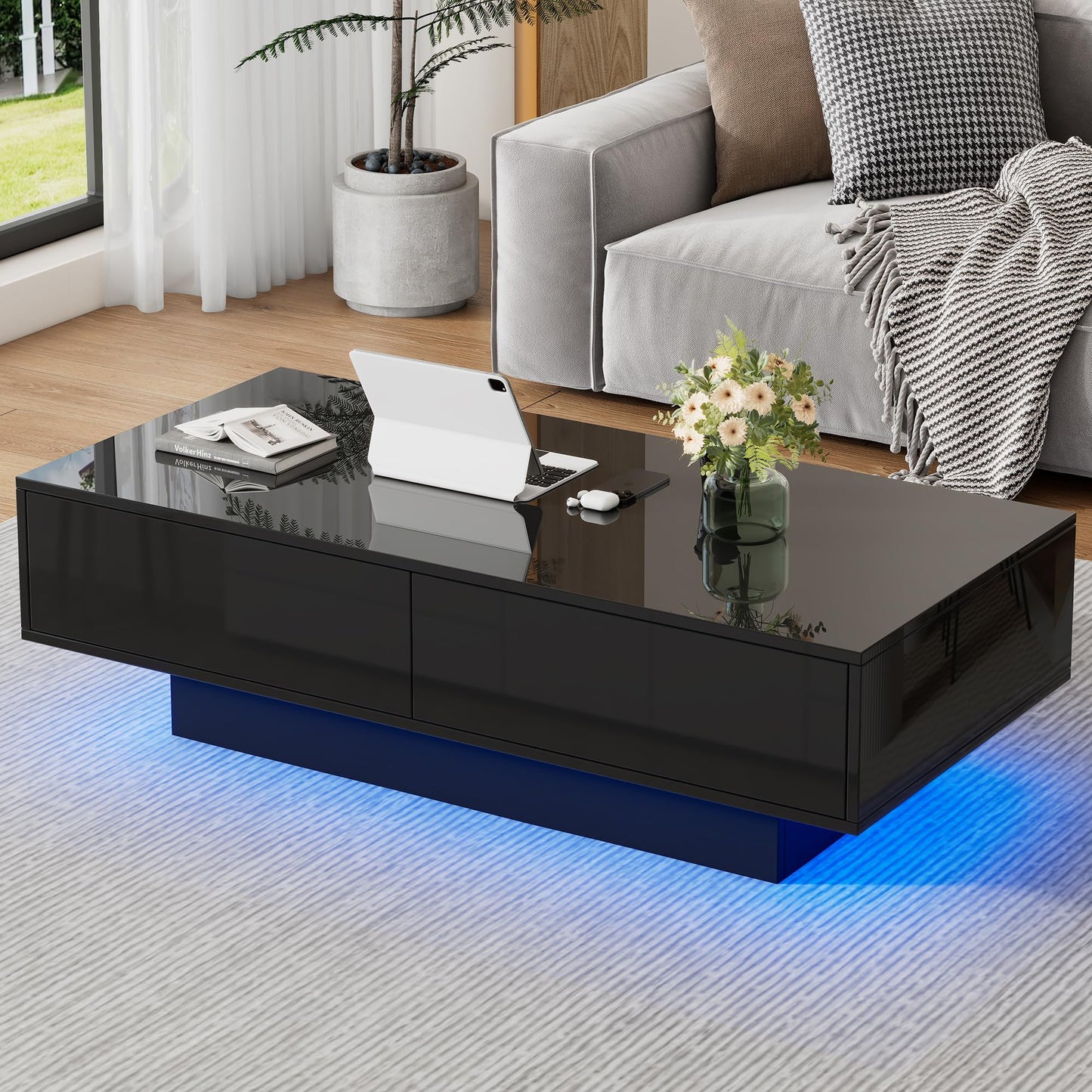 Merax Coffee Table LED High Gloss Middle Table Tea Table for Living Room Black Living Room Table with 2 Drawers and Open Compartment, Rectangular Side Table Sofa Table Coffee Table for Bedroom Office