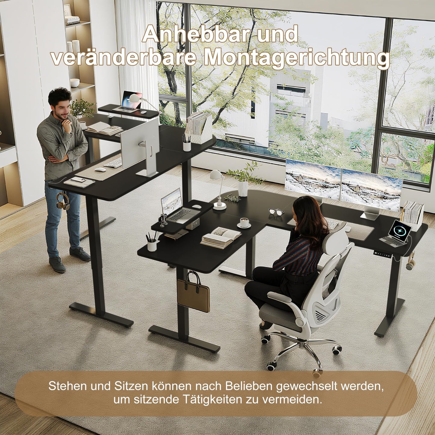 160 x 140 cm Corner Desk, Height Adjustable Desk, L Shape, L-shaped Desk, Height Adjustable, Single Motor, Shelf, Memory Control, 3 Legs, Black