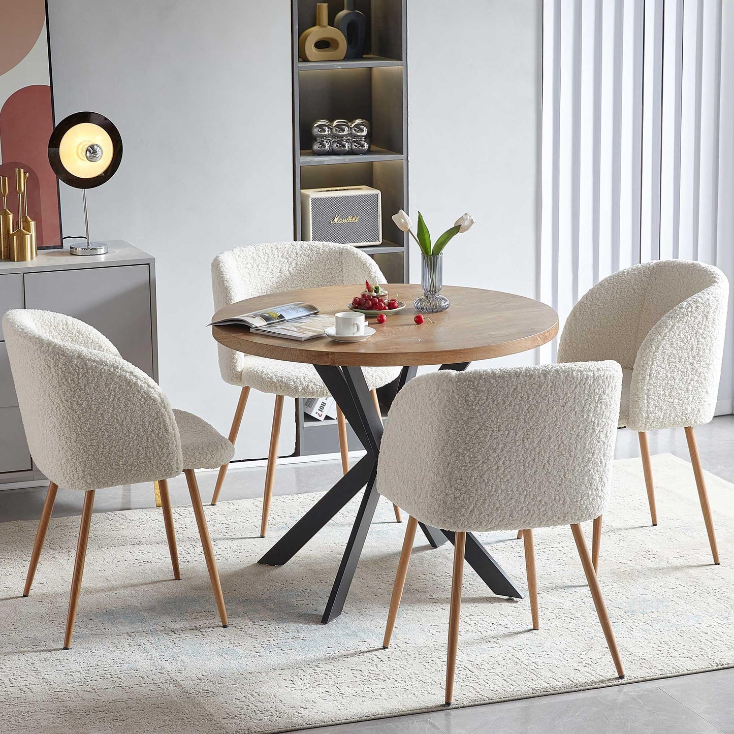 NORDICANA Esstisch mit 4 Stühlen Set, 95cm Runder Esstisch und 4 Kunstfell Loungesessel, Esszimmergruppe mit 4 Essstühlen, für Küche, Büro, Wohnzimmer, Balkon, Restaurant(Tisch+4 Braun Stühle)